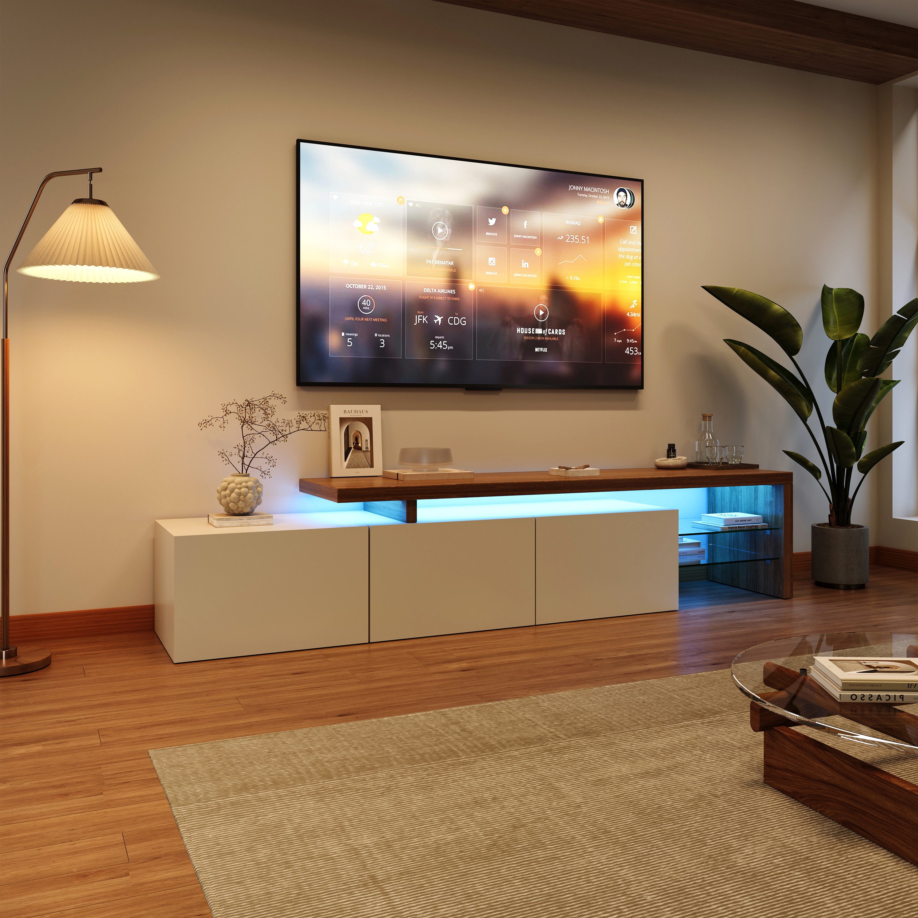 PXloue TV-Schrank Fernsehkommode, Hochglanz TV Schrank, mit 16 Farben LED Beleuchtung mit LED-Beleuchtung, Lowboard mit Glasablagen, Breite 200cm