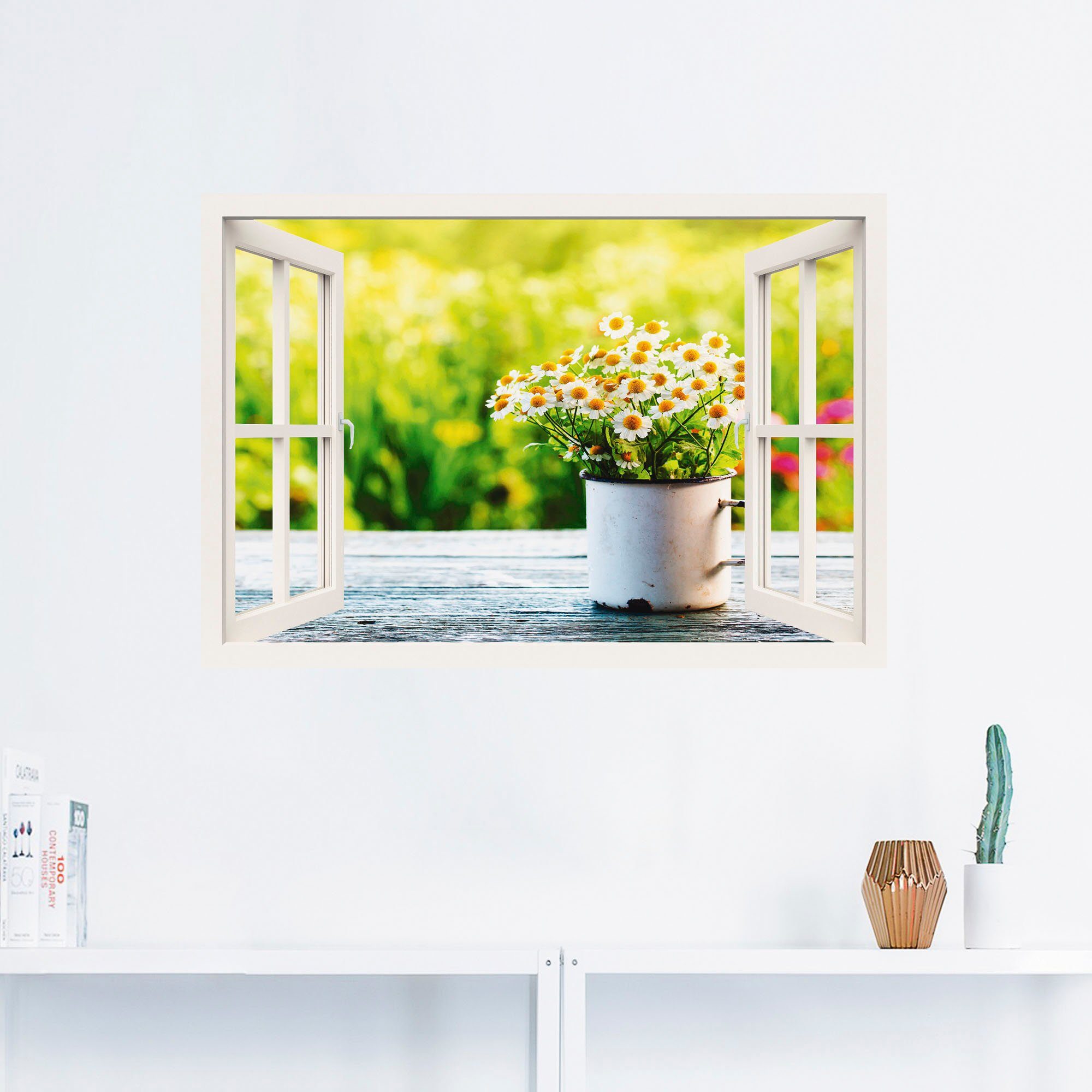 Wandbild als Leinwandbild, (1 Poster Alubild, Artland oder in versch. Fensterblick Garten Gänseblümchen, Größen mit Wandaufkleber St), Blumen