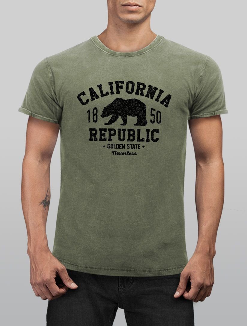 Bär Golden T-Shirt oliv Used Print Herren Slim State Printshirt Republic Vintage Print-Shirt Bear Neverless Fit Look Kalifornien Logo Shirt Grizzly California Neverless® mit