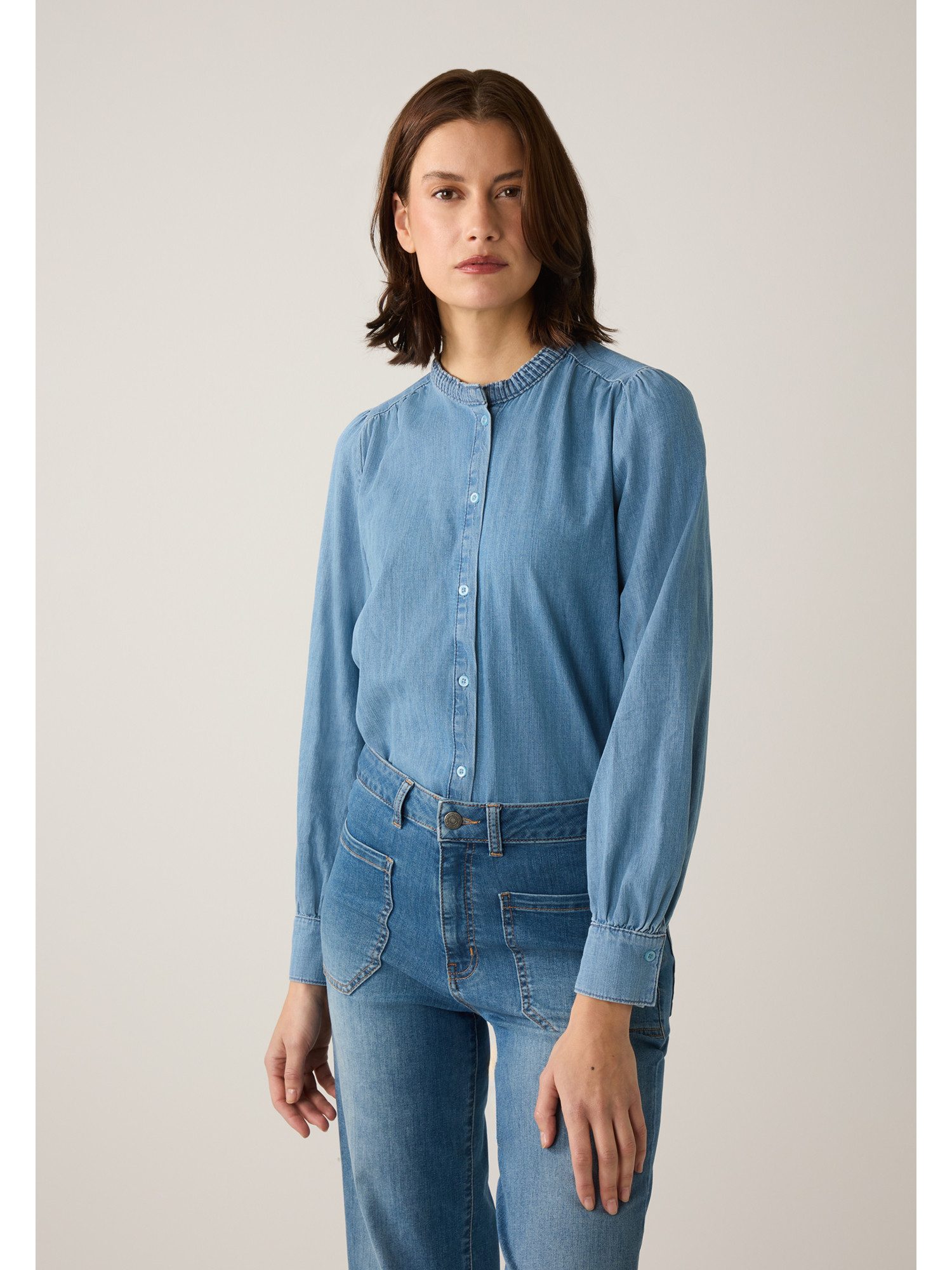 MORE&MORE Langarmbluse leichte Jeansbluse mit Fältchen