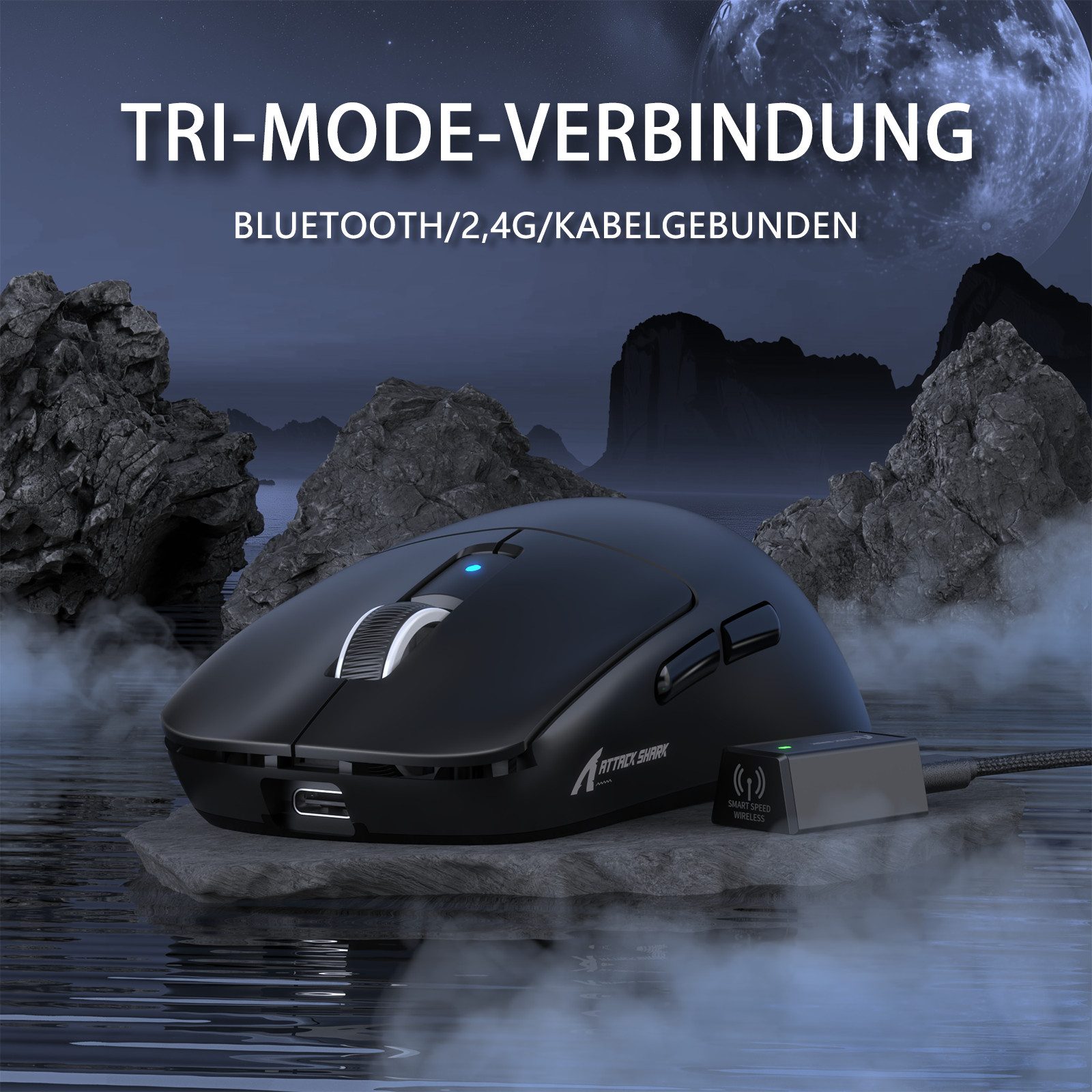 ATTACK SHARK R6 Gaming-Maus, PAW3950MAX-Sensor, 39 g, 8 kHz, Nordic 52840 Gaming-Maus (2.4G, Bluetooth, USB-C, Win11/Xbox/PS/Mac)