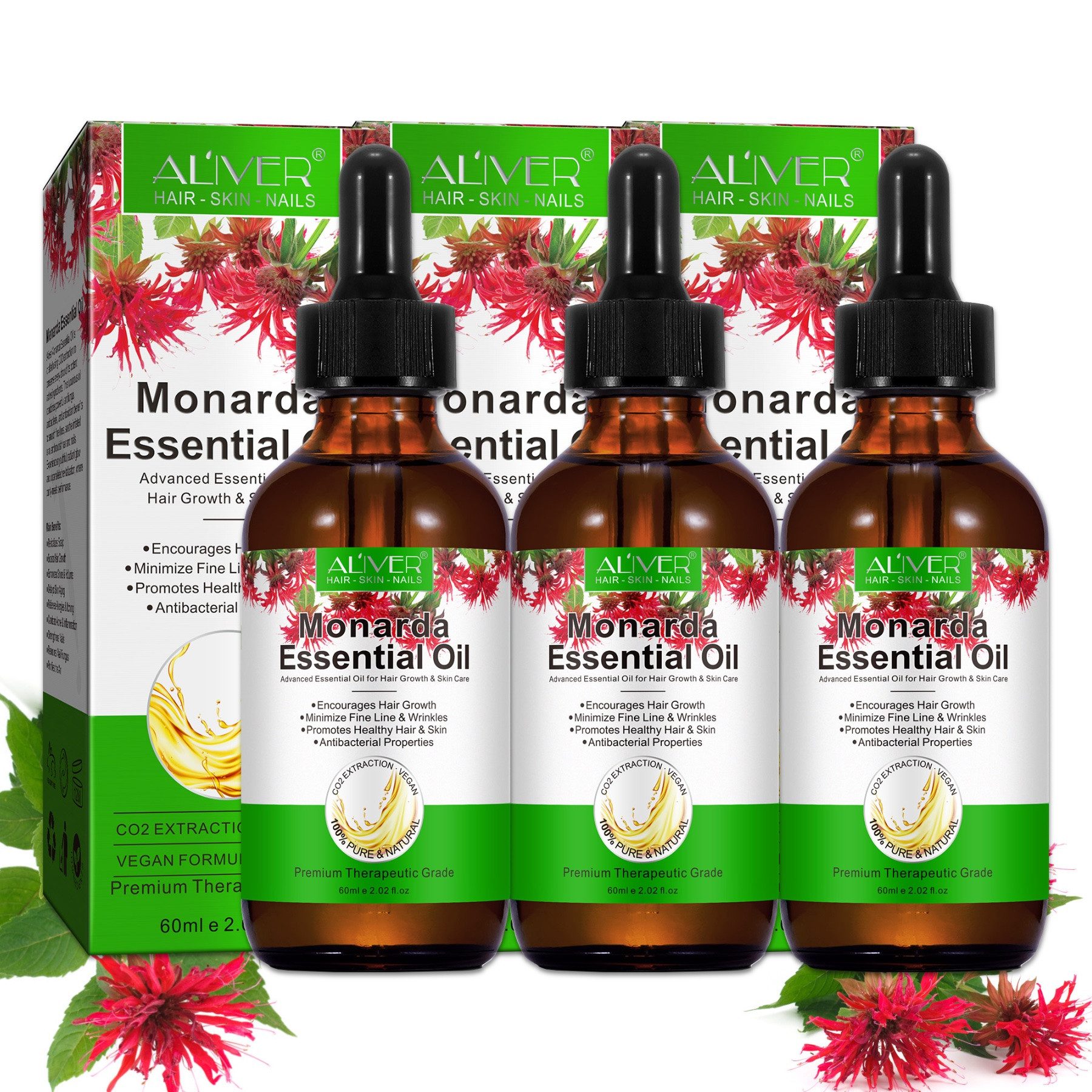 ALIVER Haaröl Monardaöl Wilde Bergamotte Monarda Bienenbalsam Ätherisches Hautöl, 3-tlg., Haaröl, Augenbrauen, Wimpern,Gesicht