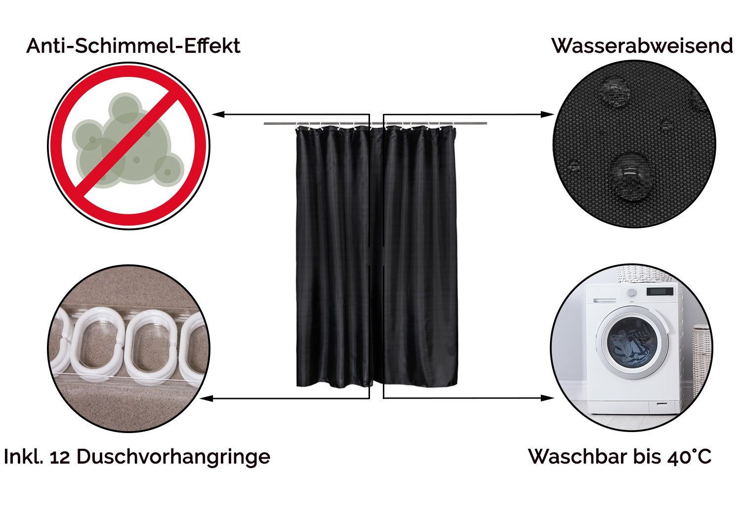 ZOLLNER Duschvorhang Breite 180 cm (Set), 100% Polyester, Anti-Schimmel-Eff günstig online kaufen