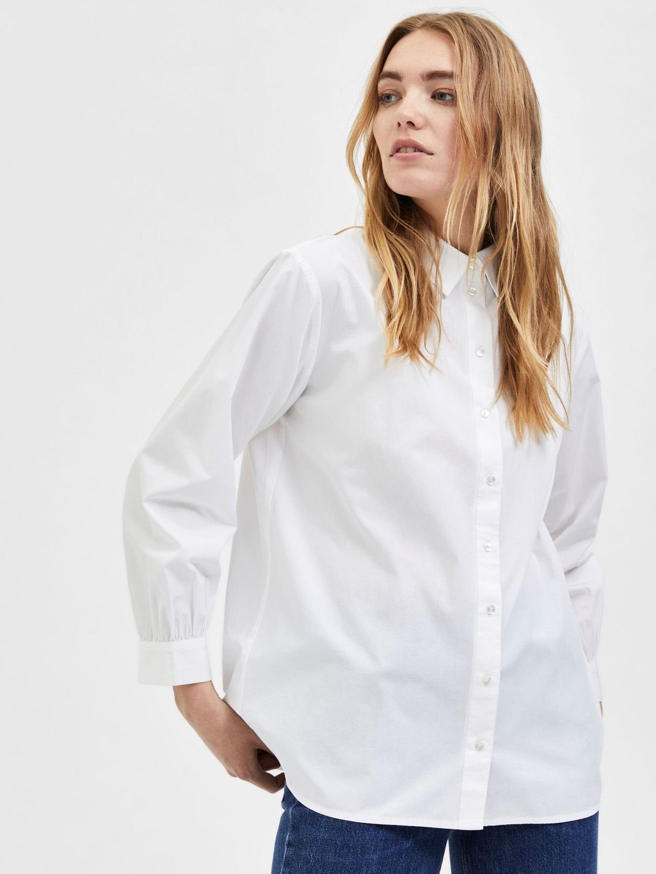 SELECTED FEMME Blusenshirt Basic Bluse 4185 Hemd Baumwolle SLFREKA Langarm Weiß (1-tlg) aus in