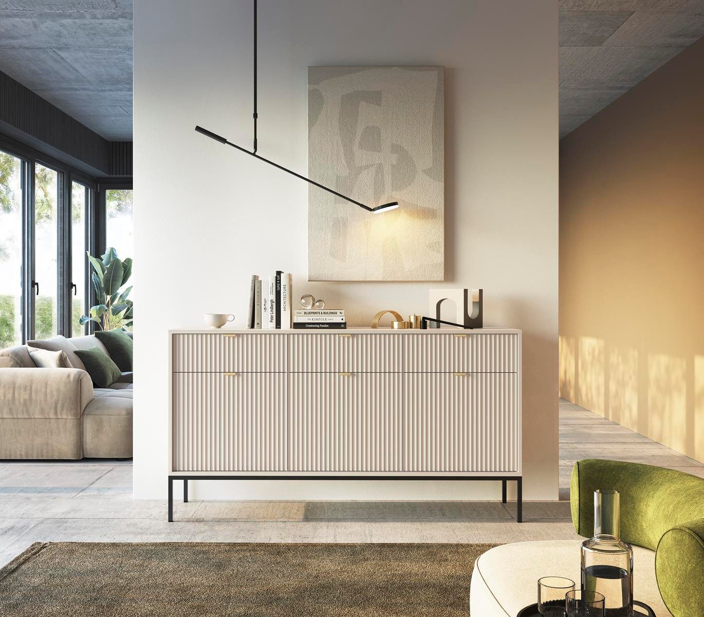Compleo Kommode NANCY, Breite 154 cm, Dreitürige Sideboard, goldene Griffe, mit 3 Schubladen