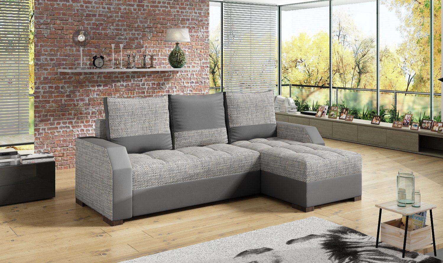 JVmoebel Ecksofa, Design Ecksofa Bettfunktion Couch Leder Textil Polster Sofas Couchen Grau