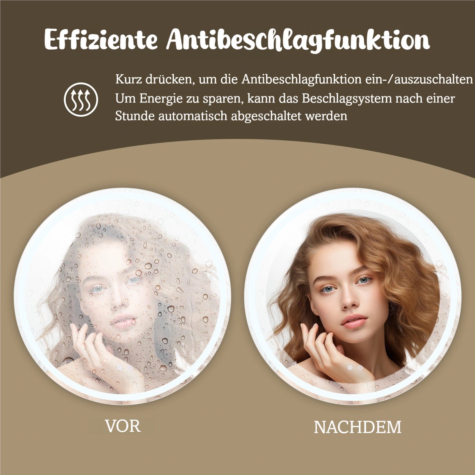TLGREEN Badspiegel Rund mit LED Beleuchtung,Φ60-80cm Wandspiegel Ohne Rahmen, (Badezimmer-Wandspiegel, Dimmbarer Spiegel, Badezimmerspiegel Beschlagfrei), geeig – Bild 5 von 5