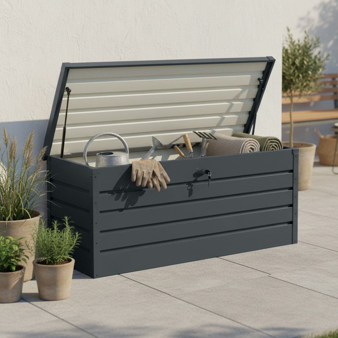 STEELSØN Auflagenbox Dorado aus Metall (Anthrazit, 600 Liter), abschließbare Gartenbox, verzinkt und lackiert, wasserdicht