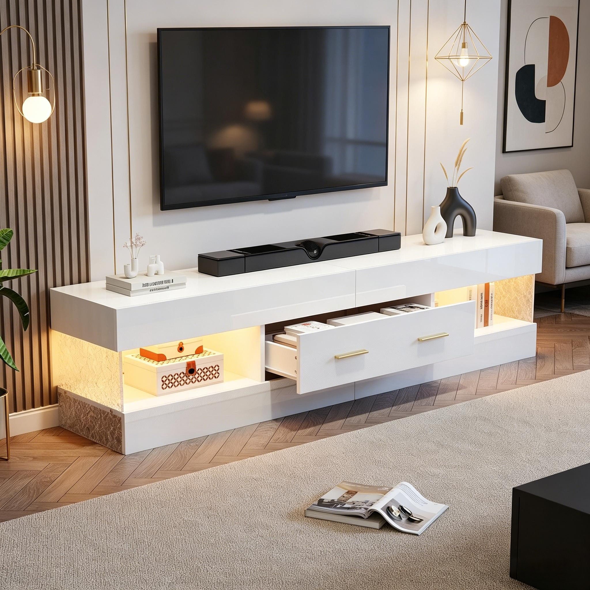 STILVORA Lowboard in Weiß TV Schrank Aufbewahrungsschrank Fernsehtisch mit LED (LED-TV-Lowboard, 2 Schubladen, offene Ablage, Acrylglas, 152×35×40cm, Hochglanz-Weiß, kratzfest, wasserabweisend), für Wohnzimmer, TV-Bereiche und moderne Entertainment-Zonen