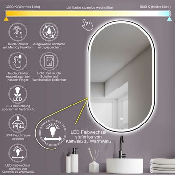 HOKO Badspiegel LED Design Wandspiegel Oval + LED Wechsel (Warmweiß-Kaltweiß-Neutral. Licht mit Touch Schalter und mit Wandschalter einschaltbar. Memory-Funktion.IP44, 5mm HD Glass, 45x75cm;50x90cm;60x100cm)