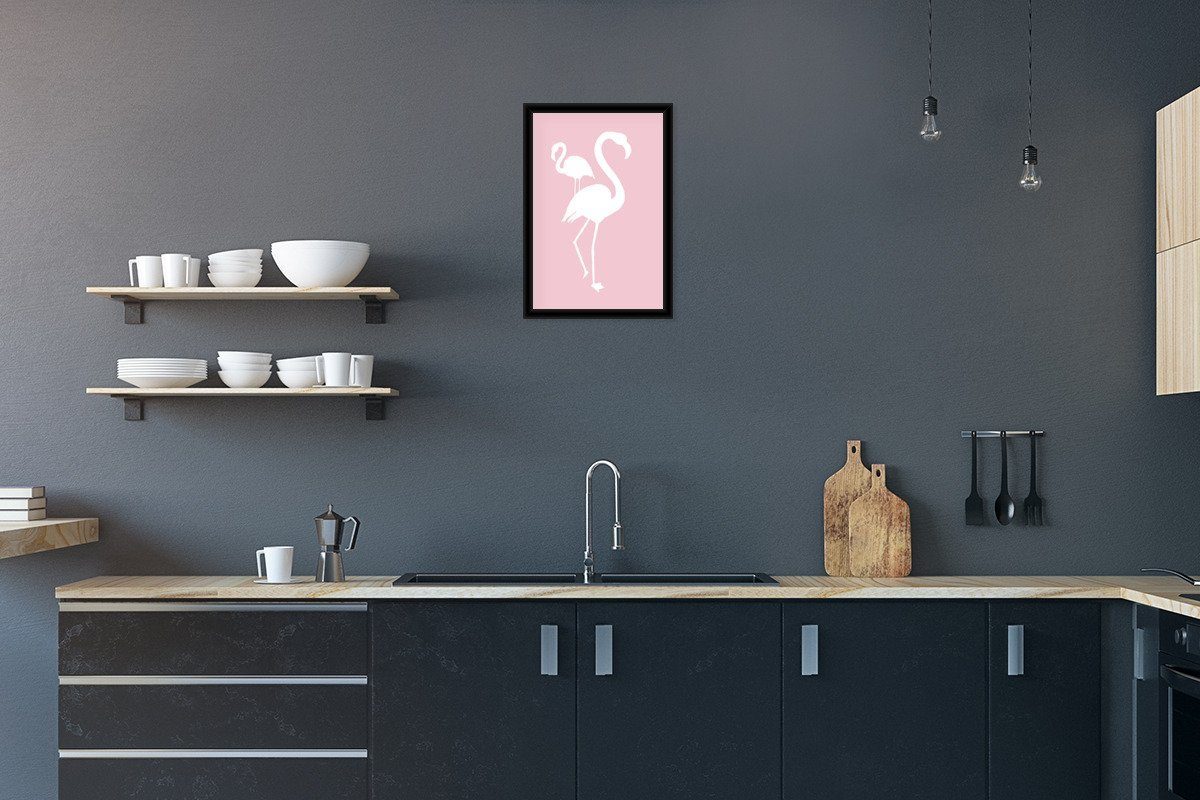 MuchoWow Poster Rosa - Weiß - Flamingo, (1 St), Gerahmtes Poster, Wanddeko, Bilder, Wandposter, Schwarzem Bilderrahmen