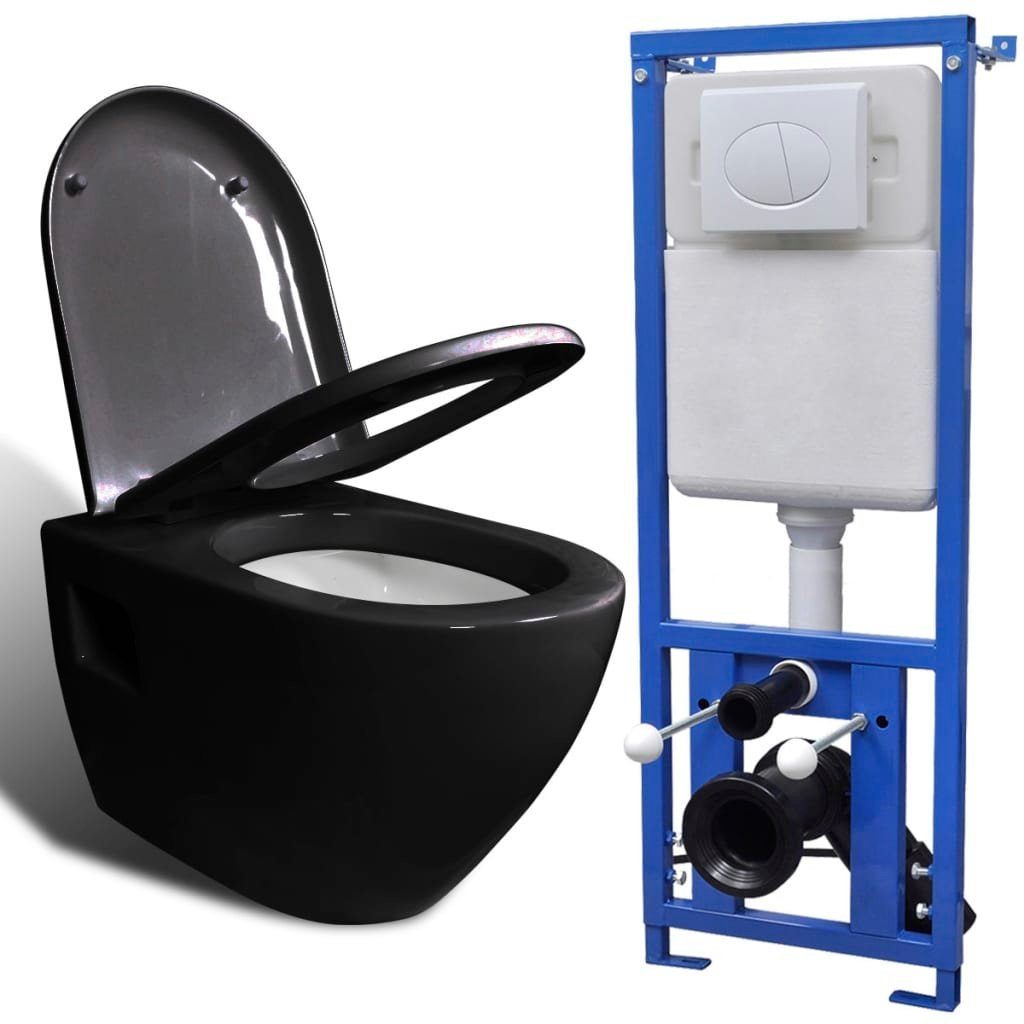vidaXL Hänge Toilette mit Spülkasten Softclose Keramik Wand WC Schwarz/Weiß 