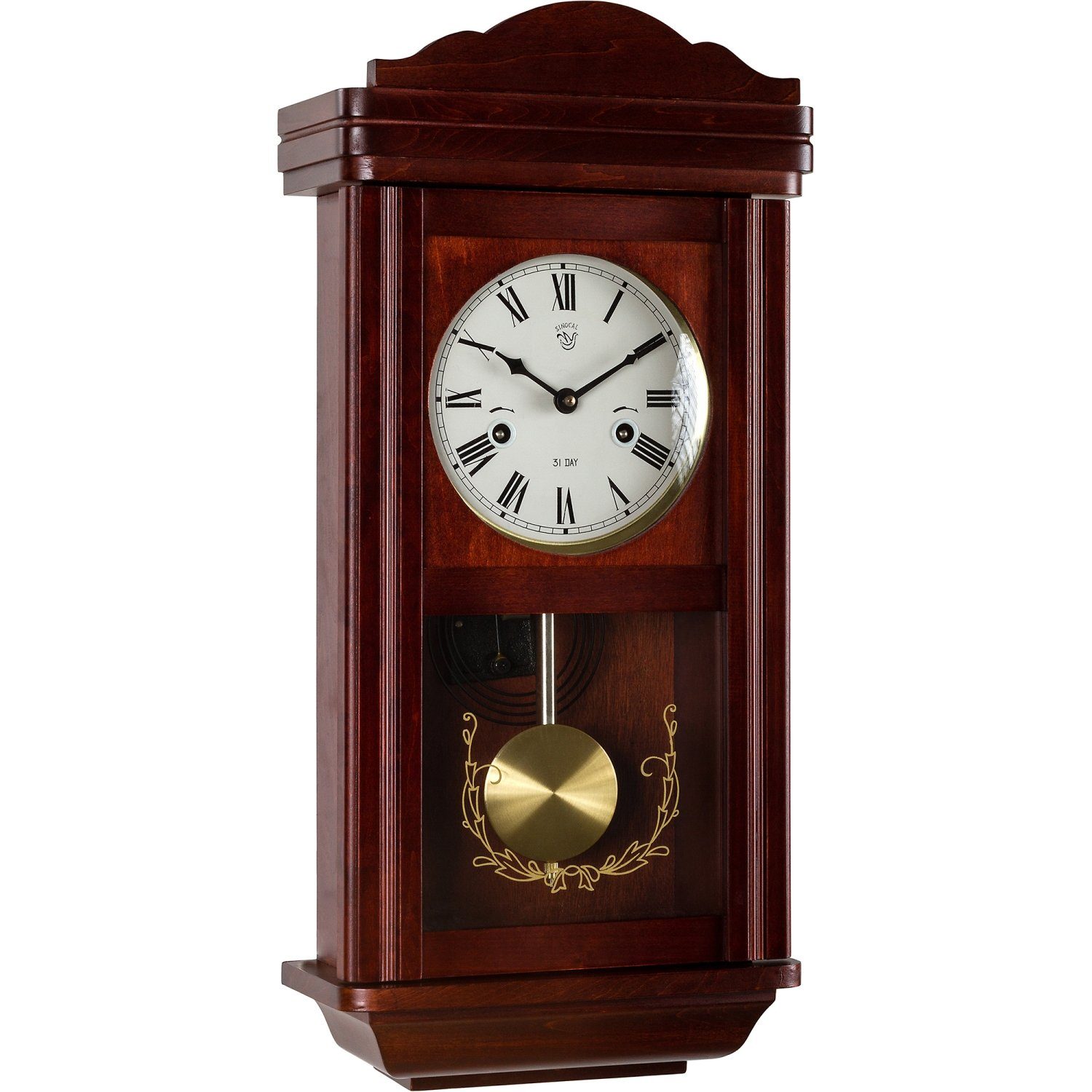 MAXSTORE Pendelwanduhr Mechanische Retro Vintage Uhr Regulator Pendeluhr (Theseus, Mahagoni, 58 x 27,5 x 12,5 cm) | Wanduhren