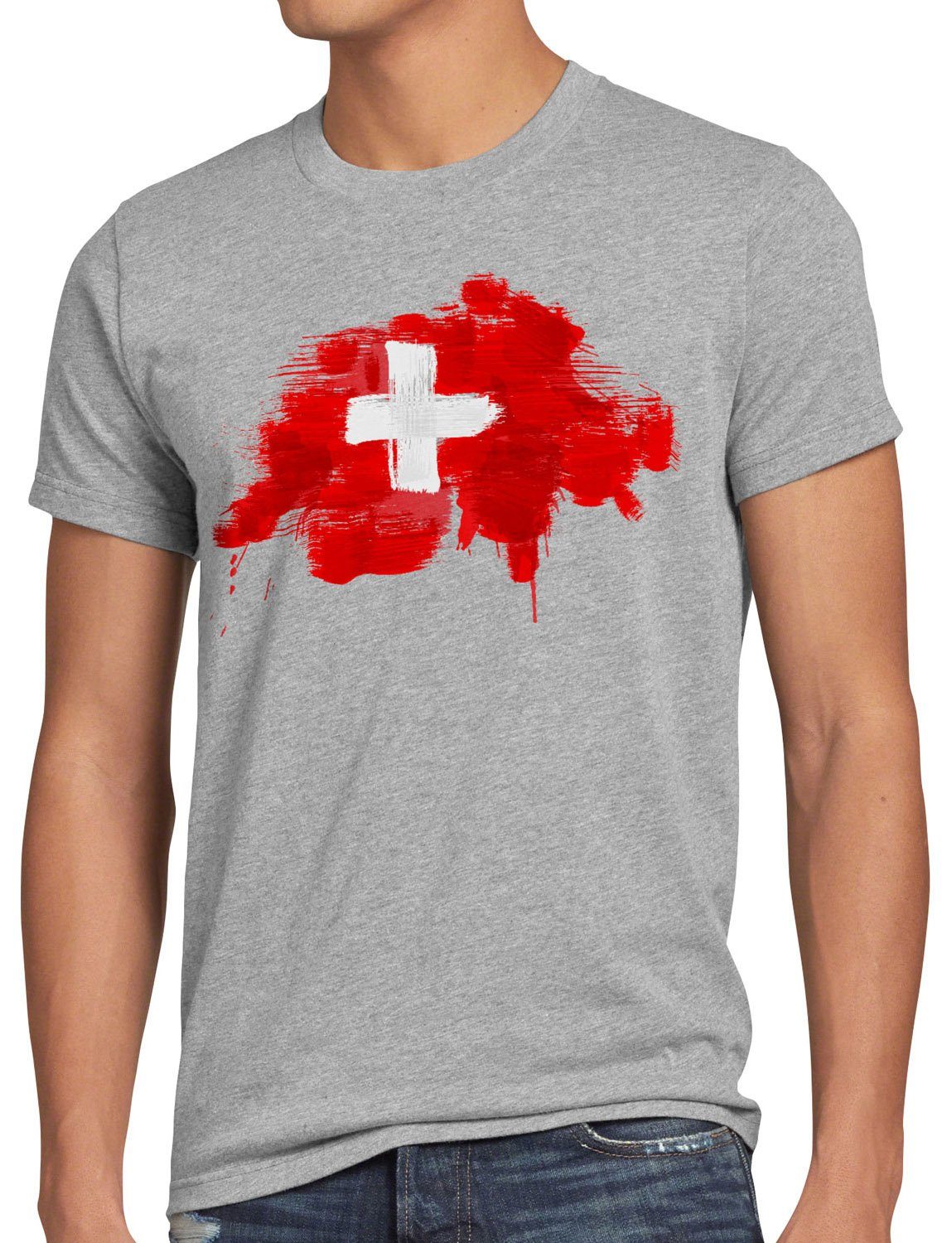 Fahne WM EM style3 Print-Shirt Flagge grau Schweiz Sport T-Shirt Herren Fußball Suisse meliert
