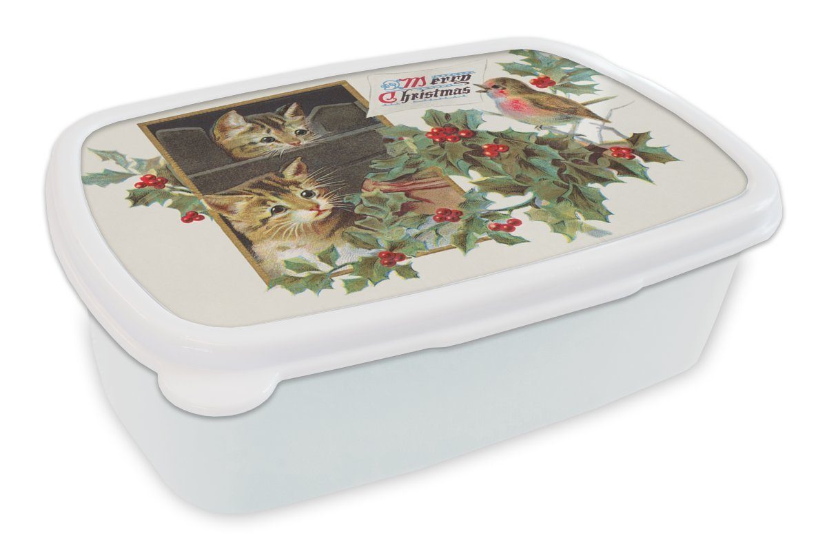 MuchoWow Lunchbox Weihnachten - Katzen - Vogel, Kunststoff, (2-tlg), Brotbox für Kinder und Erwachsene, Brotdose, für Jungs und Mädchen weiß