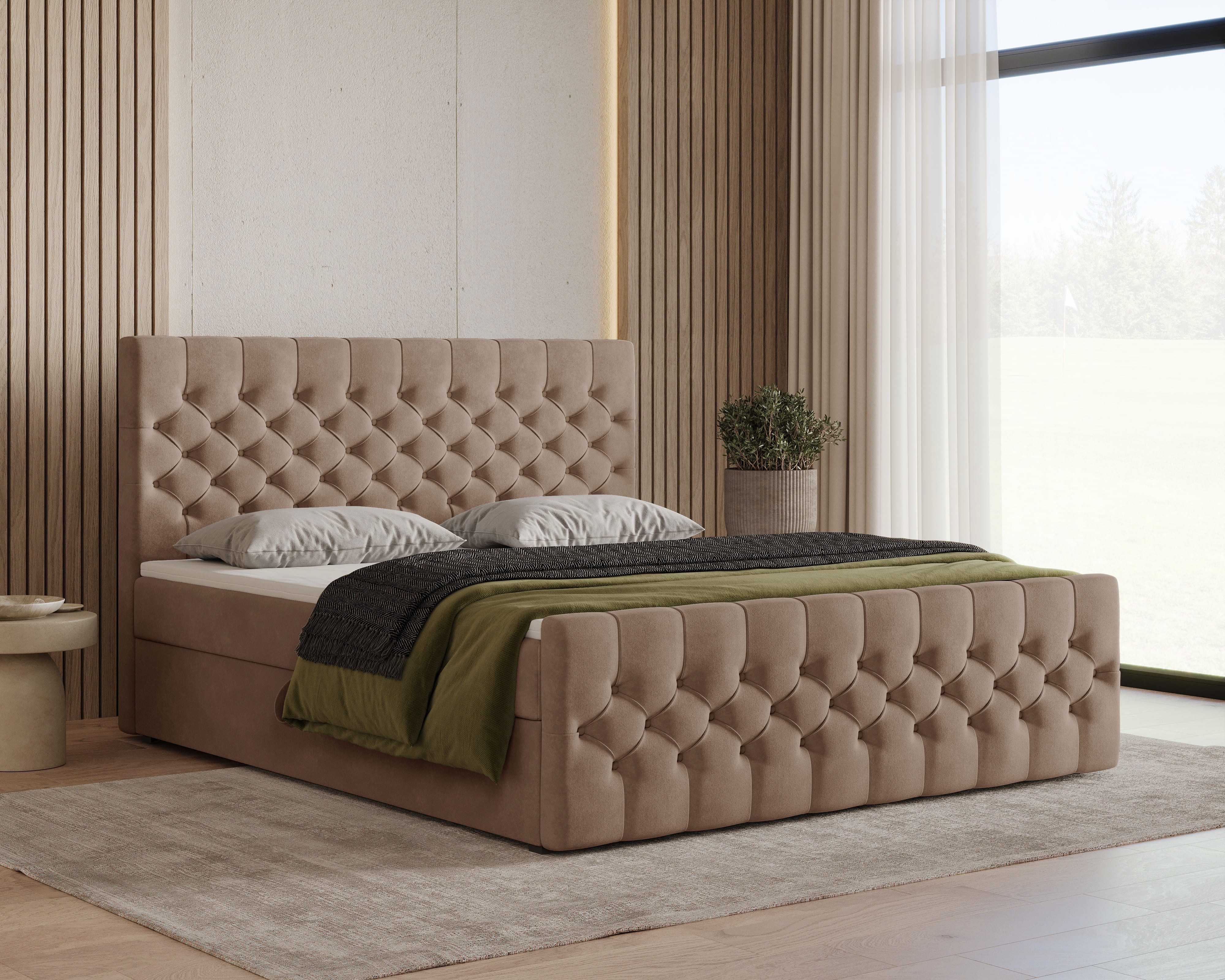 MOEBLO Boxbett Bett 12 (Luxusbett im Chesterfield-Design, 160x200 cm, Velours-Bezug, Hoher Schlafkomfort, modernes Velours-Design mit Steppung Polsterbett Kontinentalbett, dekorativem Kopfteil, aus Samt, inklusive Topper und Bettkasten), (BxHxT):144/164/1
