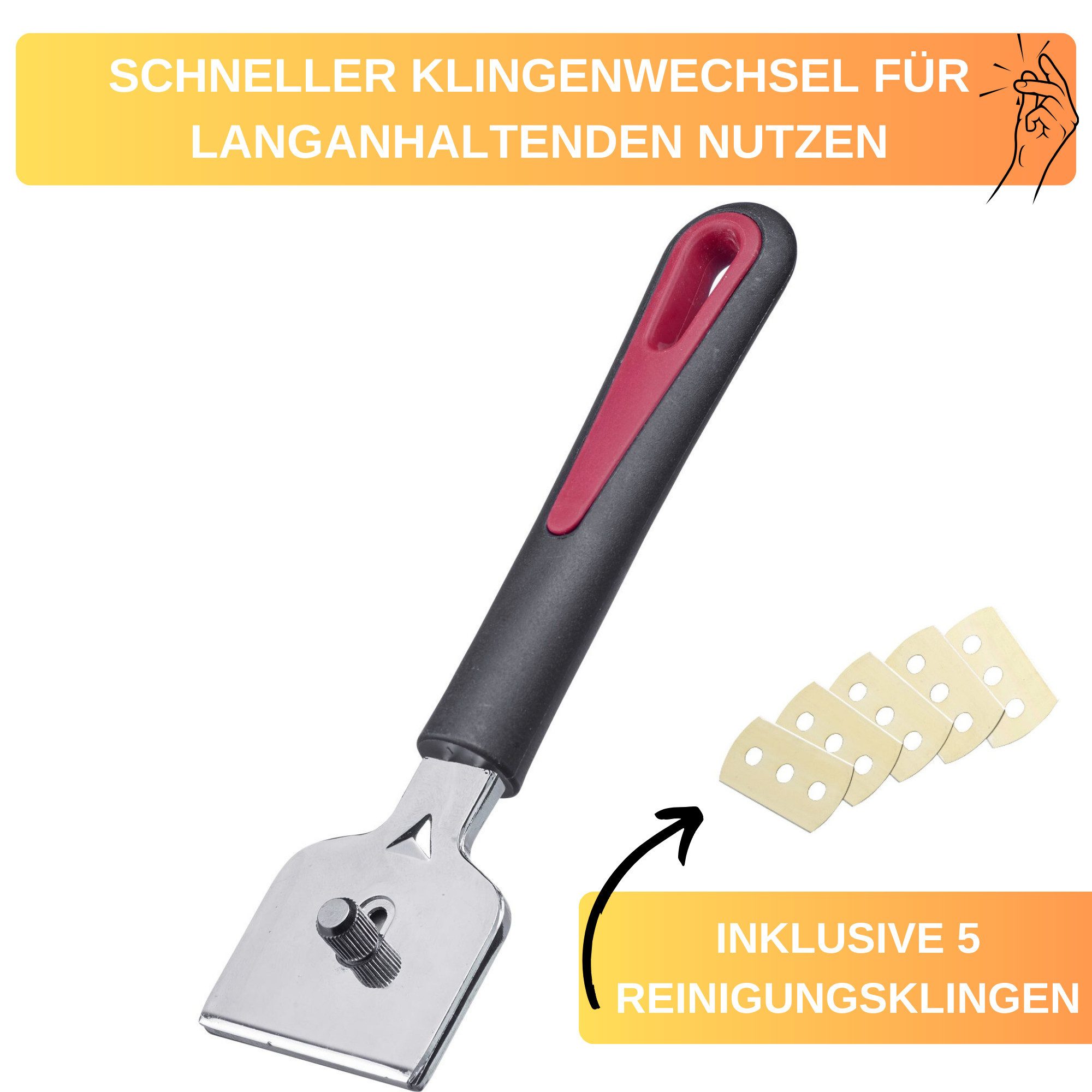 Thiru Universalschaber Ceranfeld- und Reinigungsschaber inklusive 5 Reinigungsklingen Made in Germany, Komfort-Soft-Touch-Griff, Aufhängeöse – Bild 3 von 5