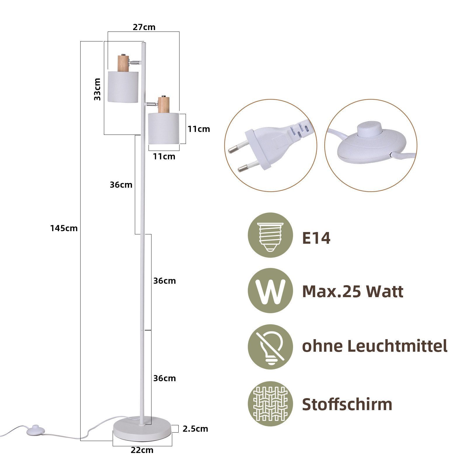 Nettlife Stehlampe Vintage aus Holz 2x E14 Fassungen Stoffschirm Fußschalter für Flur, LED wechselbar, mit Fußschalter Retro Industrial Drehbar für Wohnzimmer Schlafzimmer