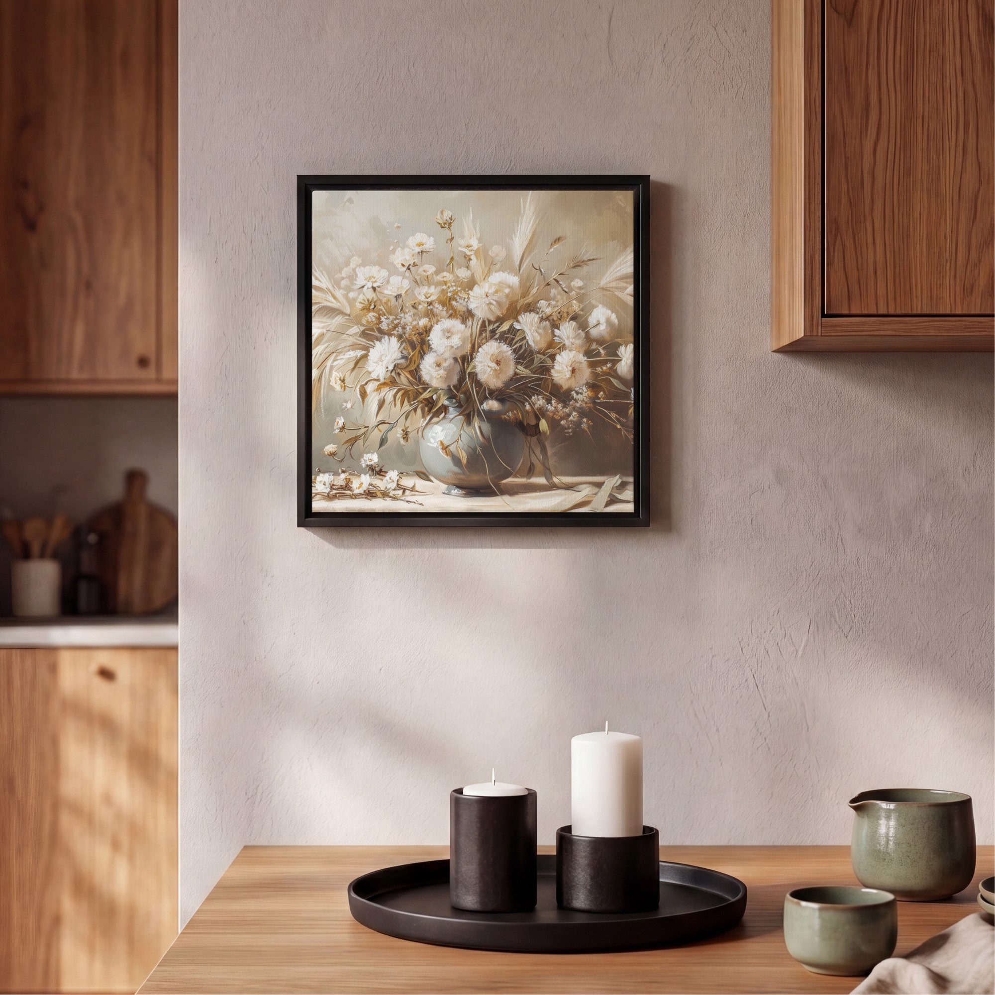 OneMillionCanvasses® Leinwandbild mit Rahmen - Blumen - Vase - Stilleben - Beige, Fotodruck (1 St), Leinwand Bilder Klein, Wand Dekoration Aesthetic 20x20cm – Bild 2 von 5