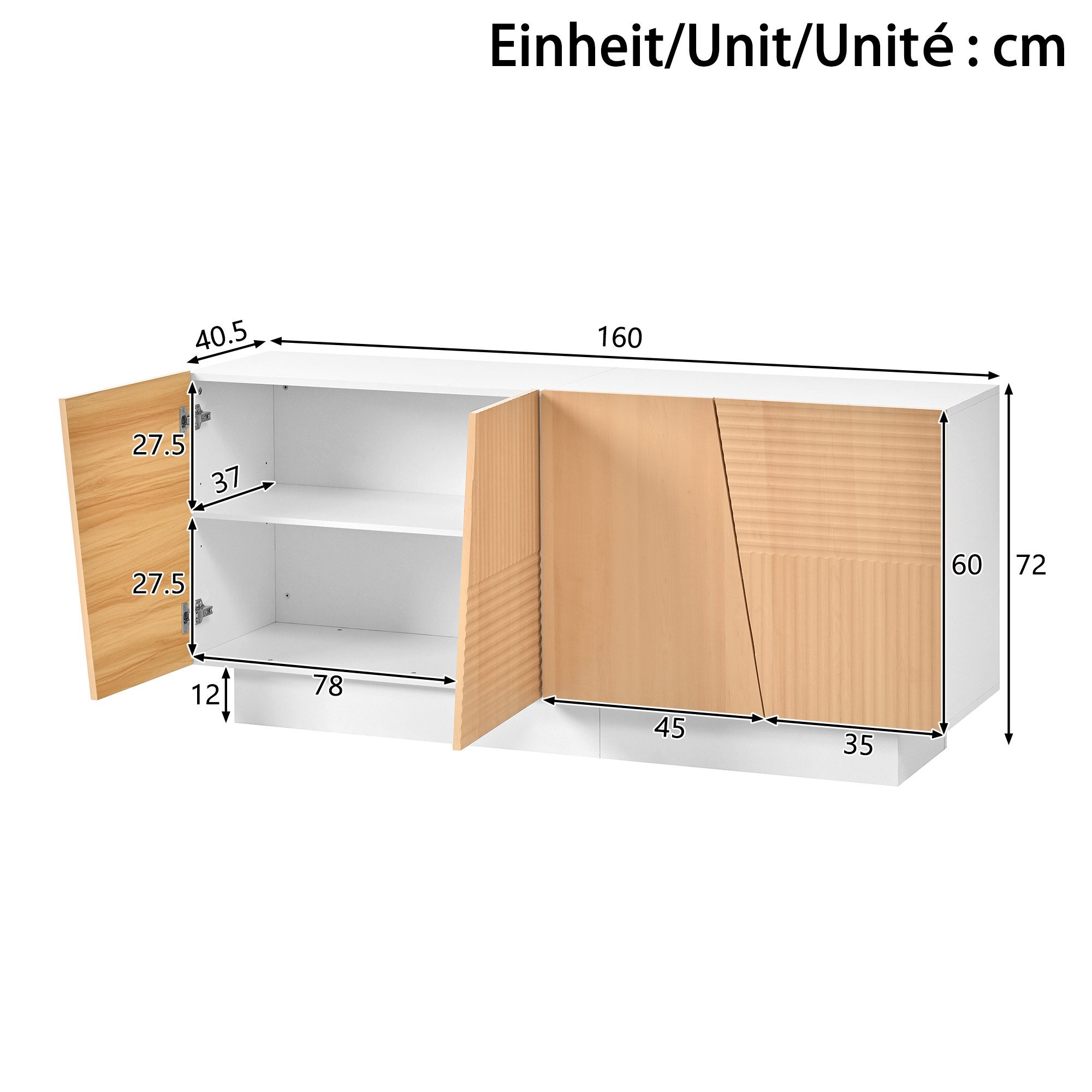 Merax Sideboard mit geometrischer Rillenstruktur (160 x 40,5 x 72 cm (L x B x H), 1 St), Kommode mit 4 Türen, großem Stauraum & höhenverstellbaren Einlegeböden – Bild 5 von 5