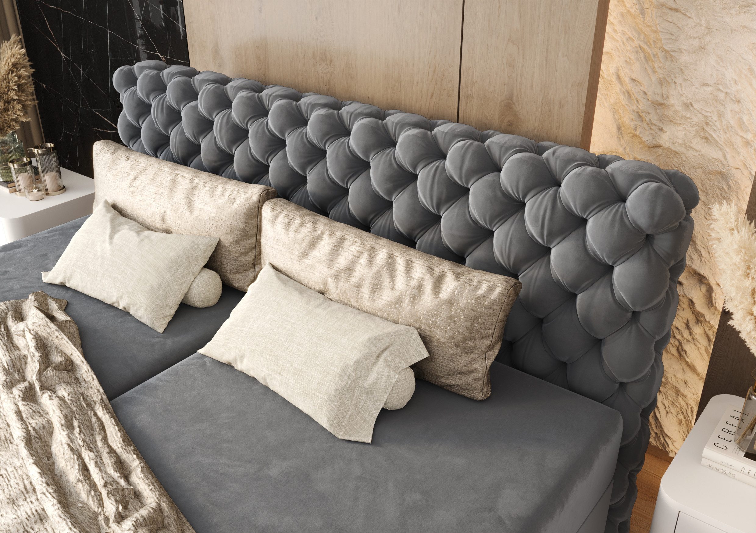 B&B Home Boxspringbett Boxbett Figo IV 180 cm 200 cm (inkl zwei Bettkästen, Multipocket-Matratze und Topper, Chesterfield)