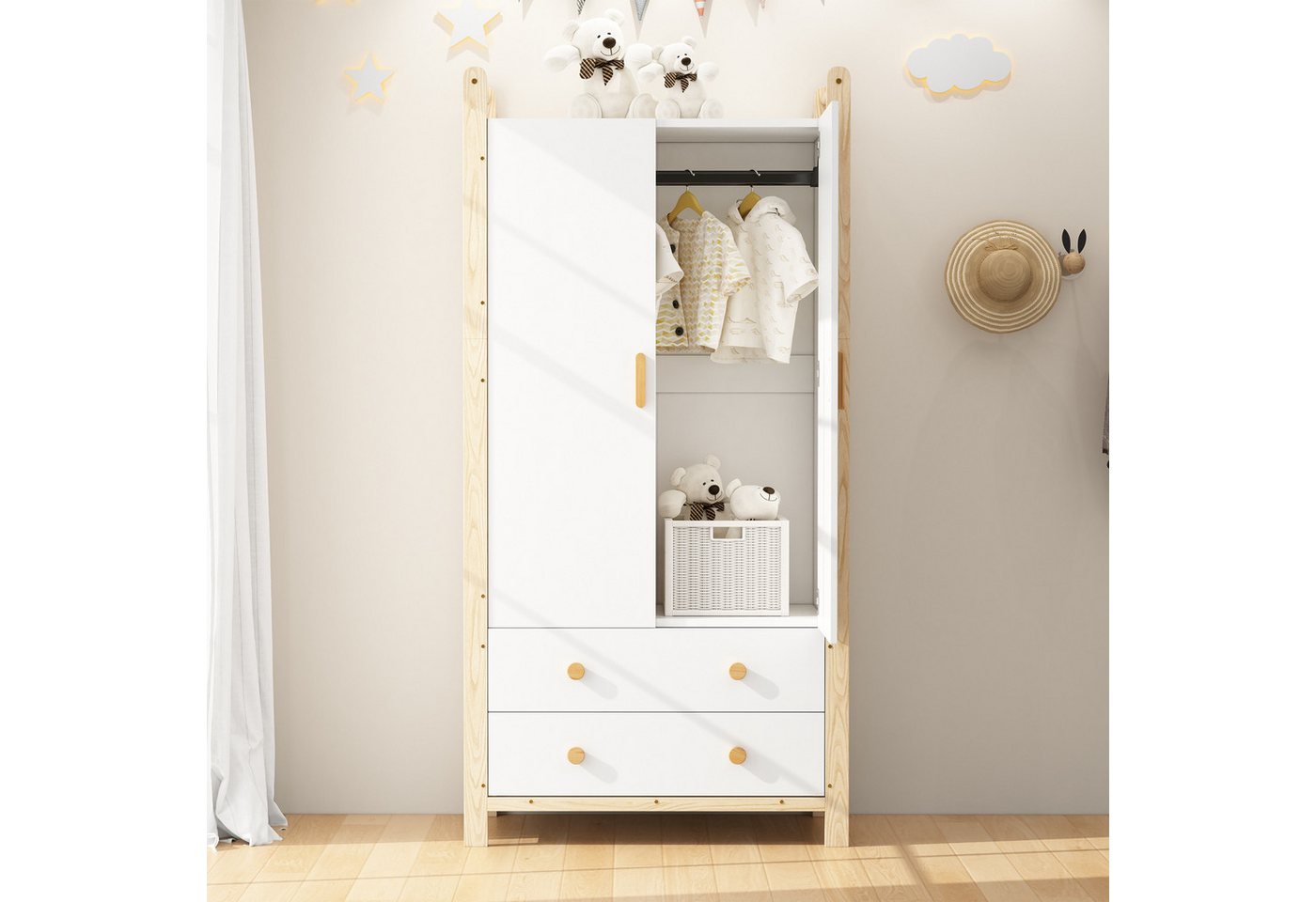 Ulife Kleiderschrank 2-türig mit Kleiderstange & 2 Schubladen – 89,6x180,5x44 cm (1-St) aus Kiefernholz & MDF – platzsparend & vielseitig, Weiß