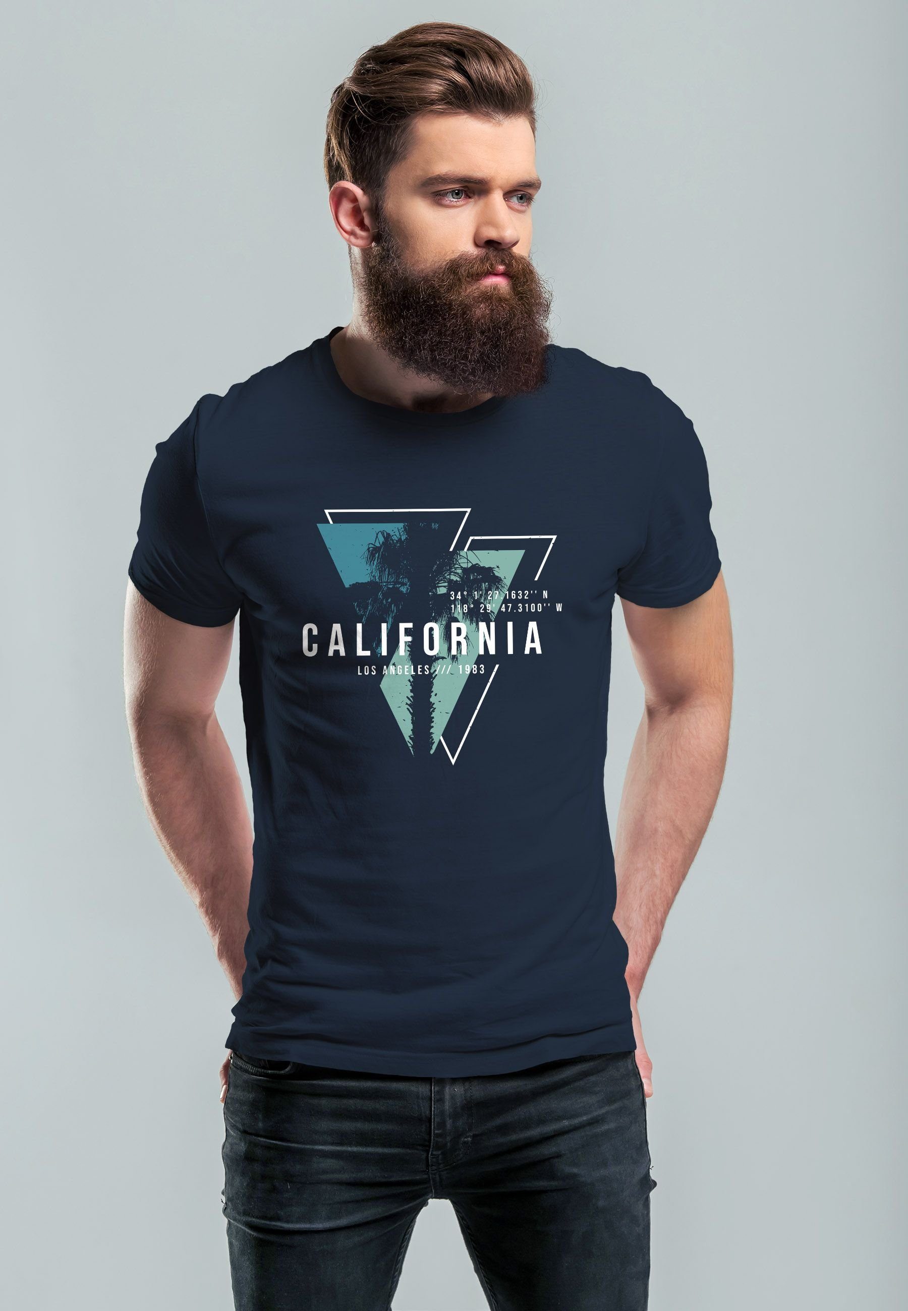 Neverless Print-Shirt Herren T-Shirt California mit Sommer Surfing USA Motiv navy-blau Los Print Angeles Fashion