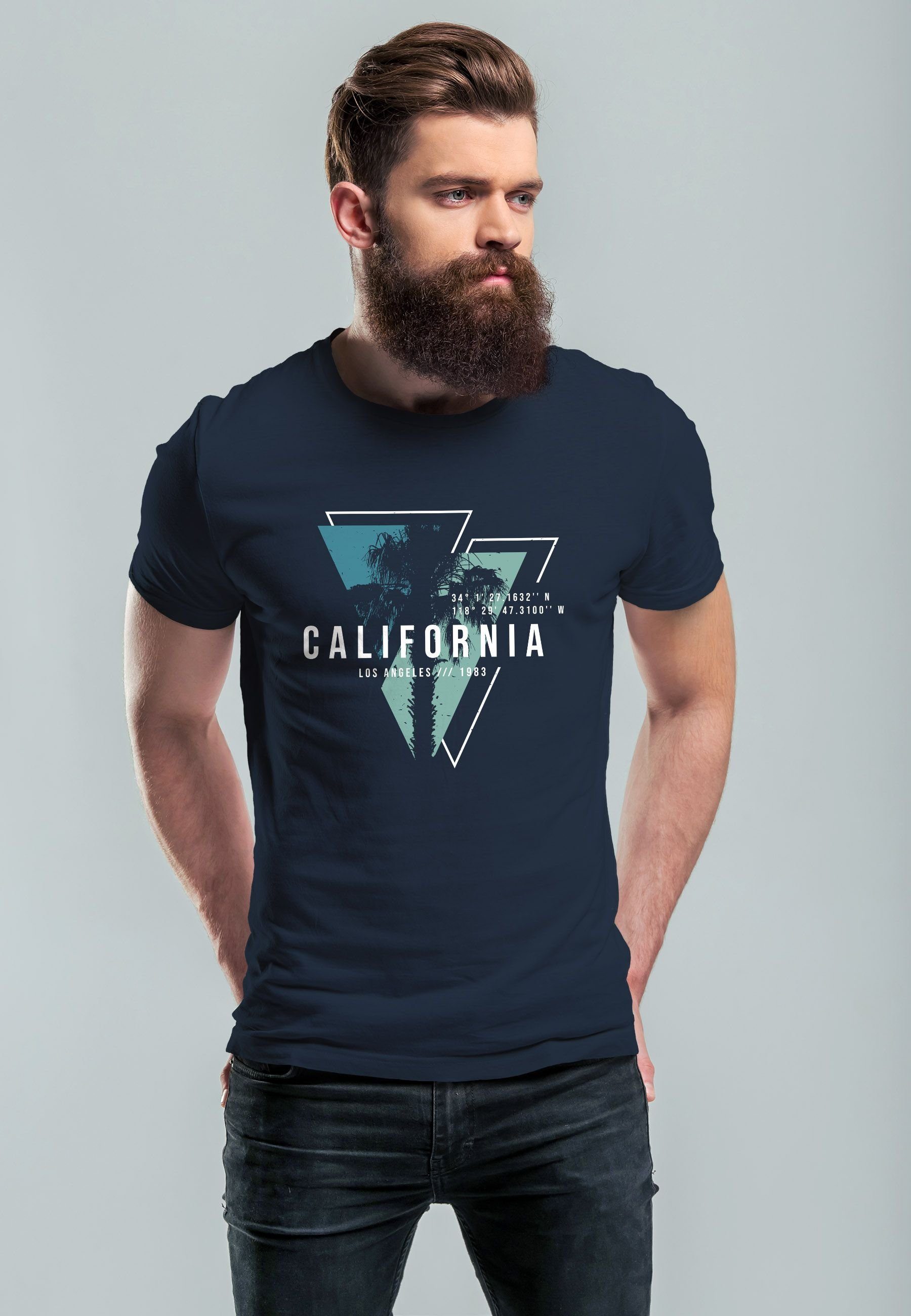 Los Sommer Surfing Neverless T-Shirt Angeles Motiv Herren navy-blau Print-Shirt Fashion Print California USA mit