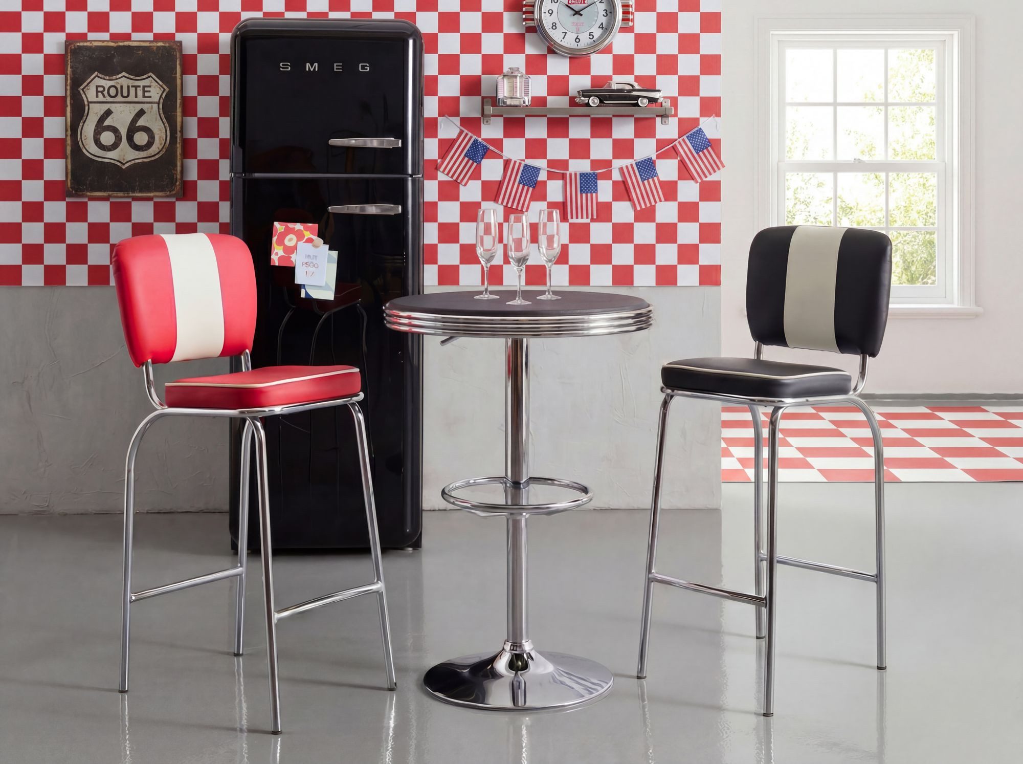 FINEBUY Bartisch FB45665 Ø 60 cm American Diner Schwarz / Alu Design Bistrotisch (Partytisch Retro USA Bistrotisch, Stehtisch Modern), American Diner Rund Ø 60 cm Kunstleder Aluminium