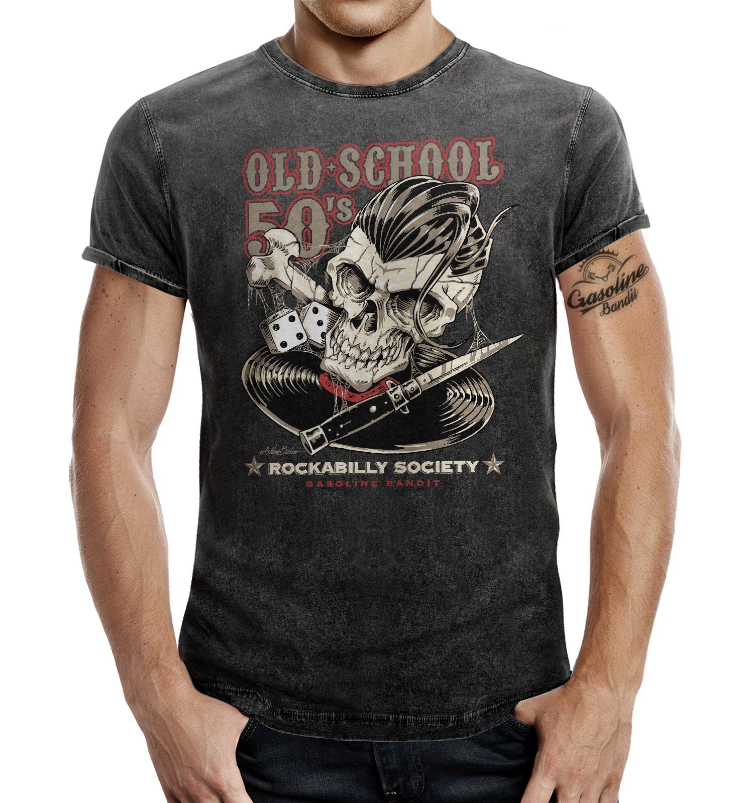 50's Greaser Oldschool GASOLINE Jeans T-Shirt Washed BANDIT® Rockabilly im Look: