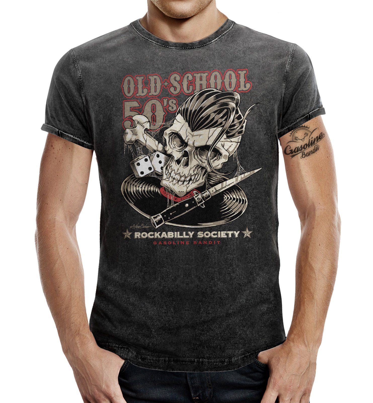 Greaser Look: GASOLINE Washed BANDIT® im Jeans 50's T-Shirt Oldschool Rockabilly