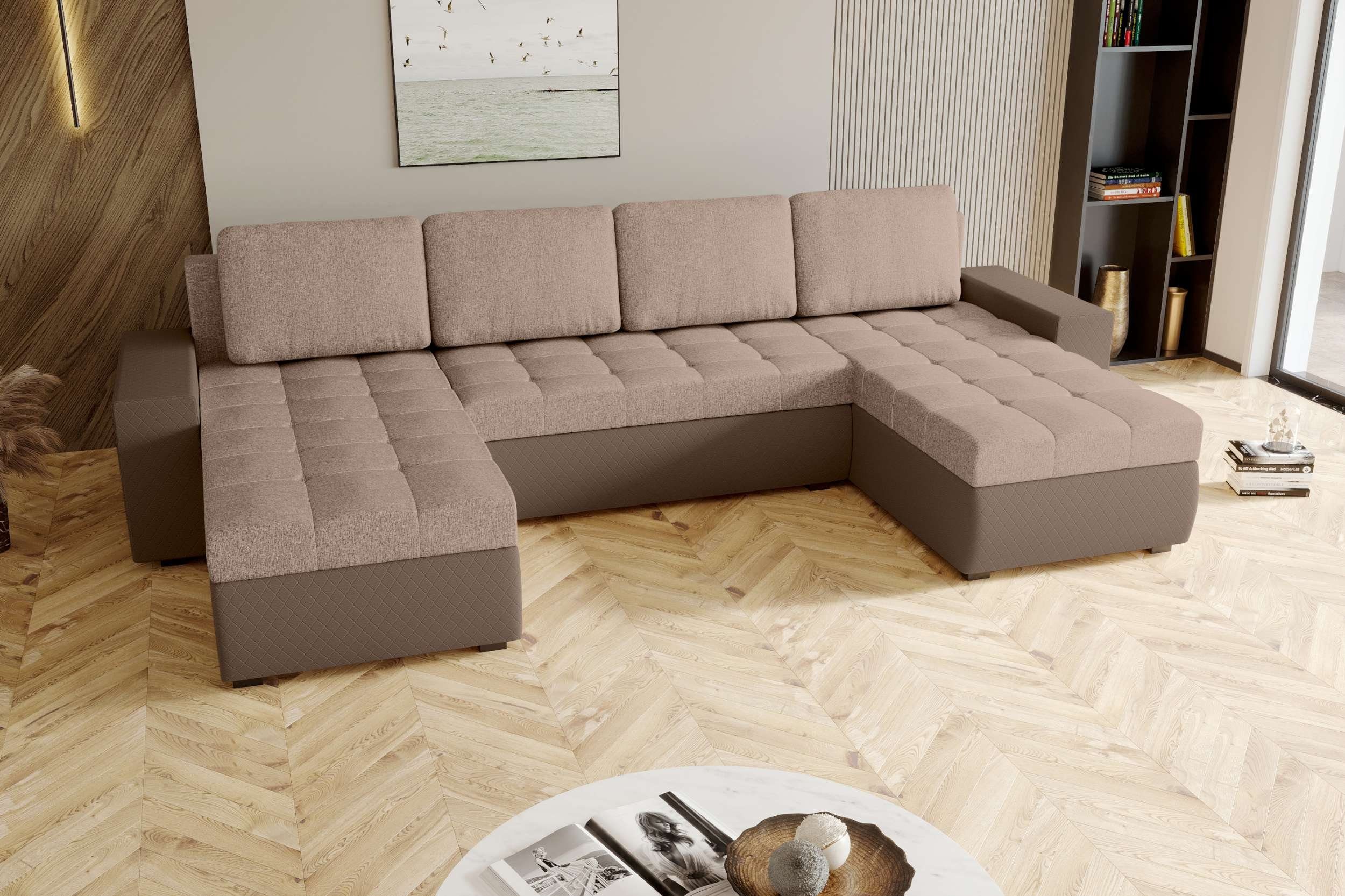 Design Eckcouch, mit Stylefy mit U-Form, Modern Bettkasten, Bettfunktion, Wohnlandschaft Amelia, Sofa, Sitzkomfort,