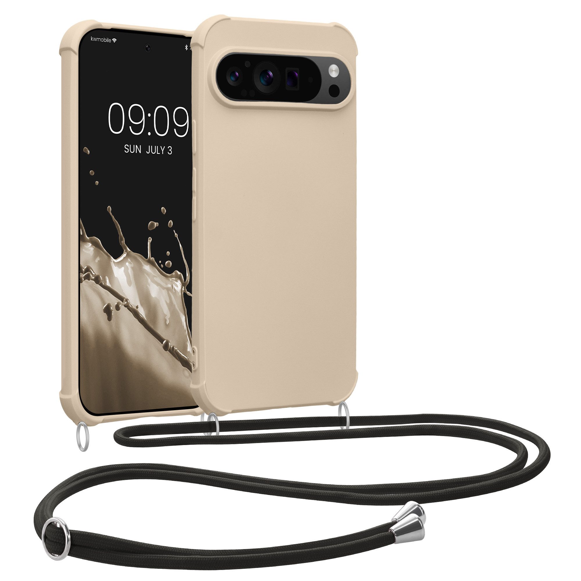 kwmobile Etui Hülle für Google Pixel 9 Pro XL, mit Metall Kette zum Umhängen - Silikon Handy Cover Case Schutzhülle