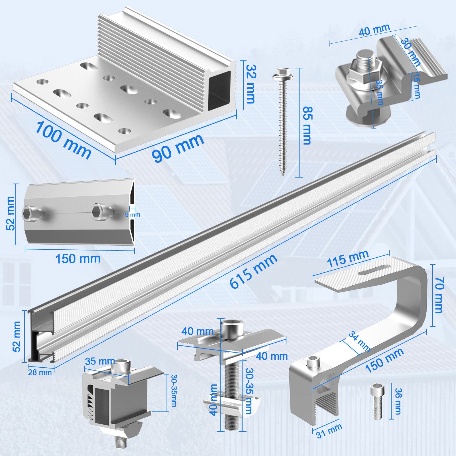 GLIESE Solarmodul-Halterung Solar-Halterung für Ziegeldach Montageset Dach, (bis 96,85 Zoll, packung, 44-tlg., 8 schienen 4Seitendrücke 2 Mittendrücke 6 Schienenverbinder 6 Haken, Solar-Halterung Ziegeldach Montageset Dach Befestigung 2 Solarmodule)