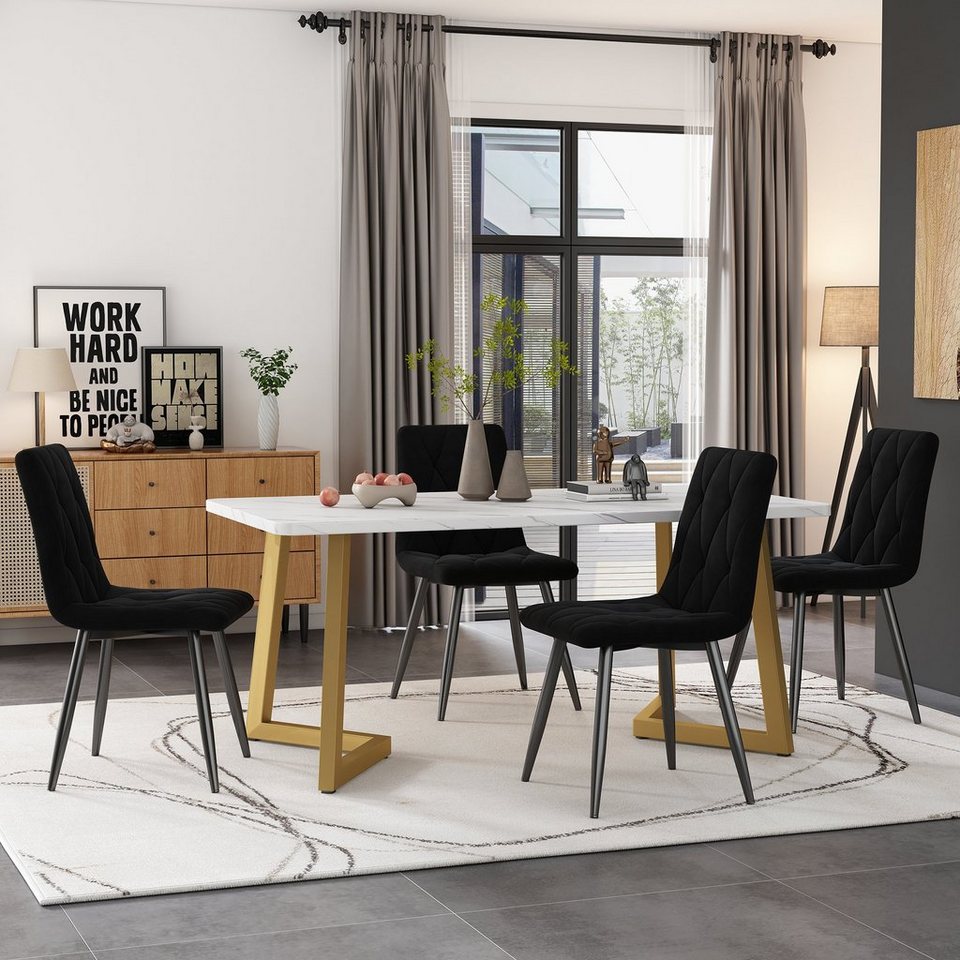 Ulife Essgruppe 117×68cm Esstisch mit 4 Stühlen, (Set, 5-tlg), weißer  MDF-Tischplatte mit Marmoroptik