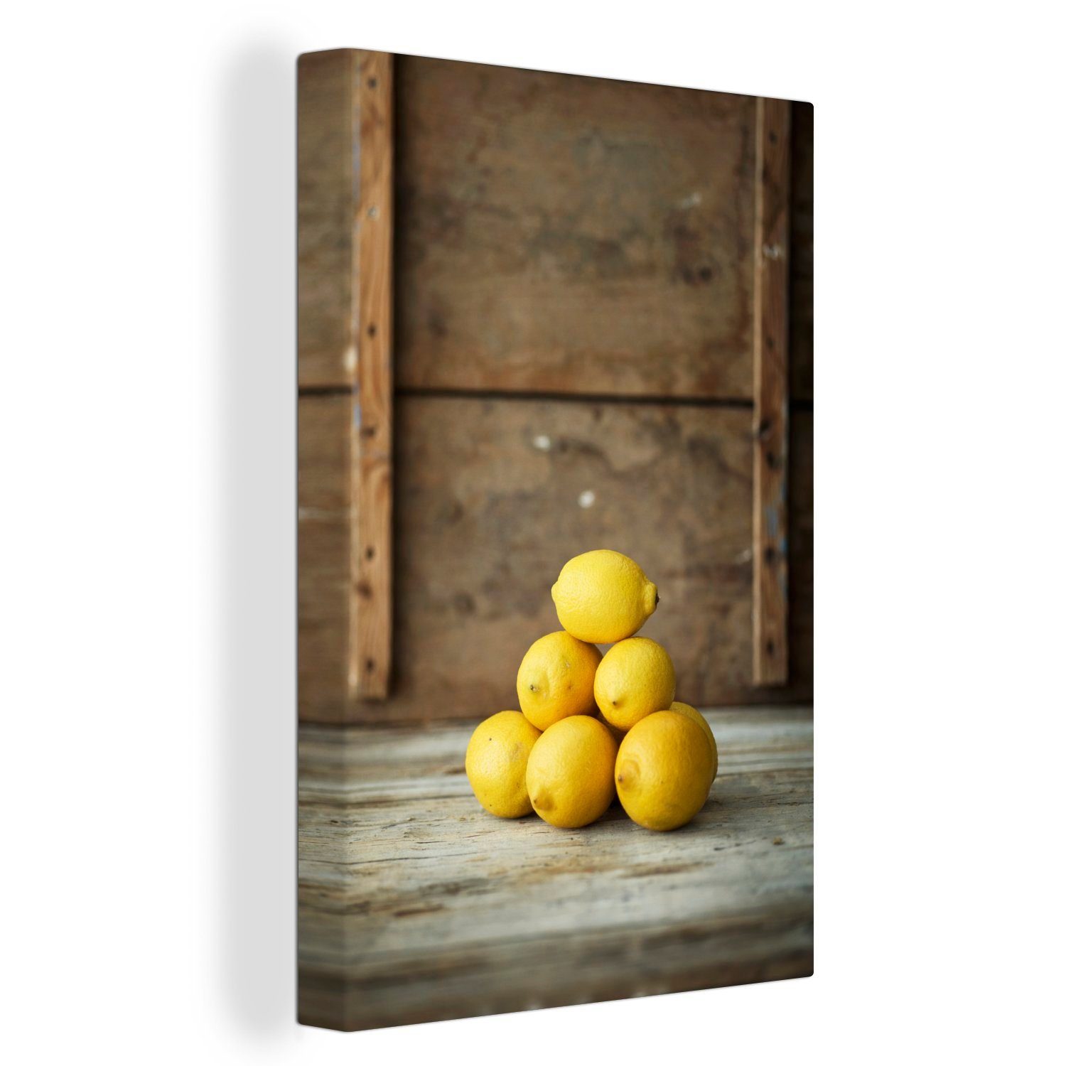 OneMillionCanvasses® Leinwandbild gelber inkl. cm (1 für fertig St), Sarg, einen Zitronen Zackenaufhänger, bespannt rustikalen 20x30 Stapel Gemälde, Leinwandbild