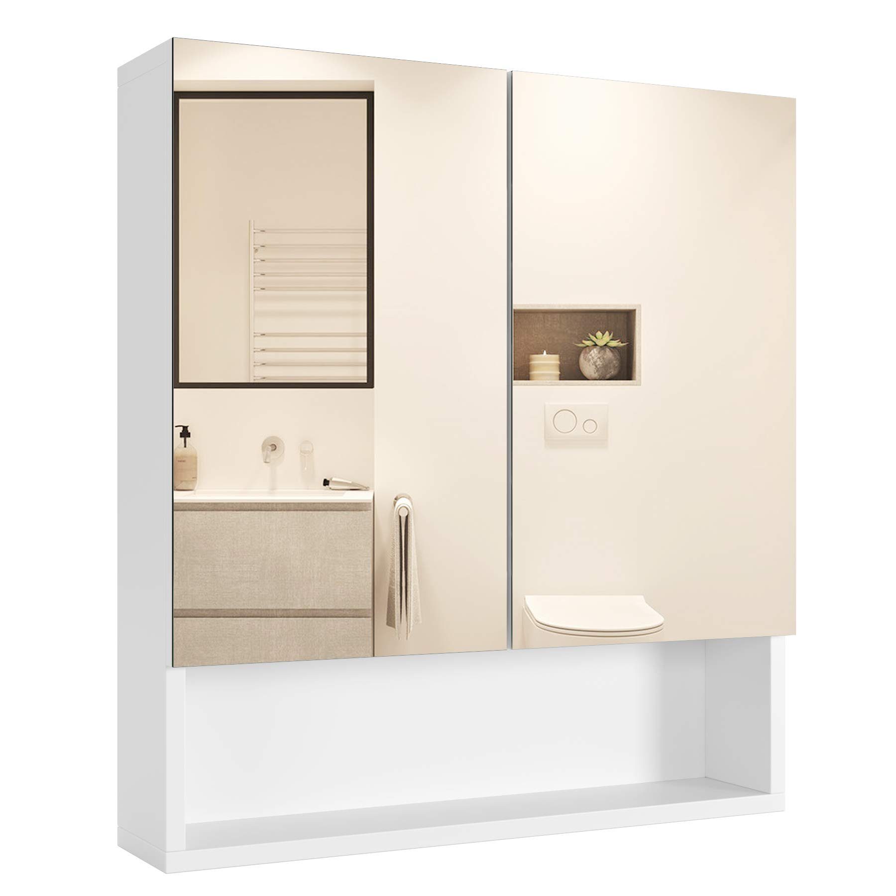 Homfa Spiegelschrank weiß mit Hängeschrank, 53x58x13cm, Ablage, und Badezimmerschrank, Türen