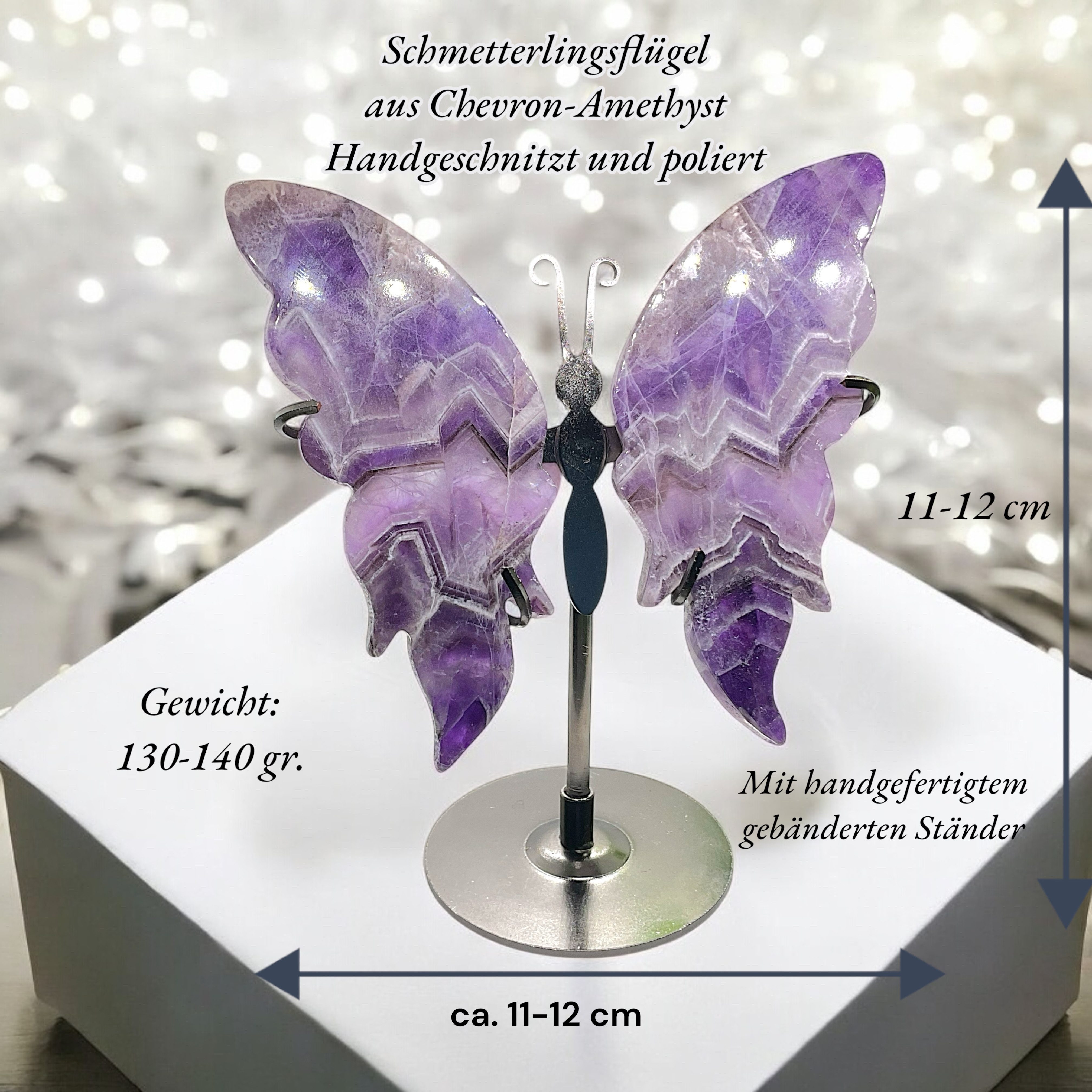 Steinfixx® Edelstein Schmetterlingsflügel aus Naturedelstein mit Ständer, (10-13cm und ca. 120gr., 1-St., Amethyst, mexikanischer Achat oder Regenbogenfluorit), – Bild 4 von 4