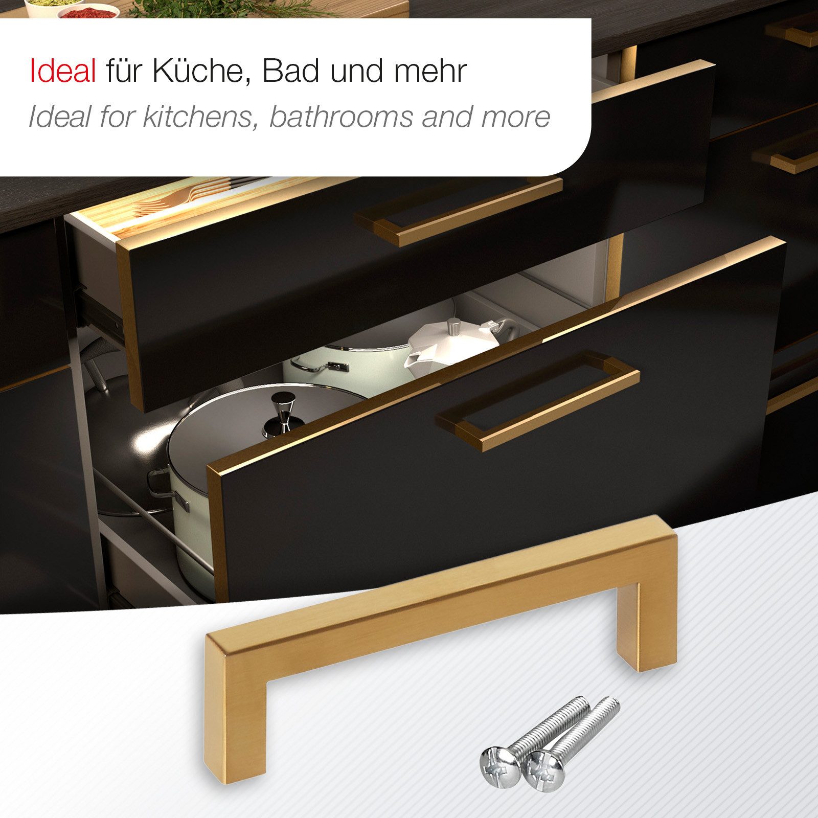 SO-TECH® Möbelgriff Stangengriff E8, aus echt Edelstahl, Profil eckig 10x10 mm (1-St), goldfarbig, Bohrlochabstand 64 mm, mit Schrauben