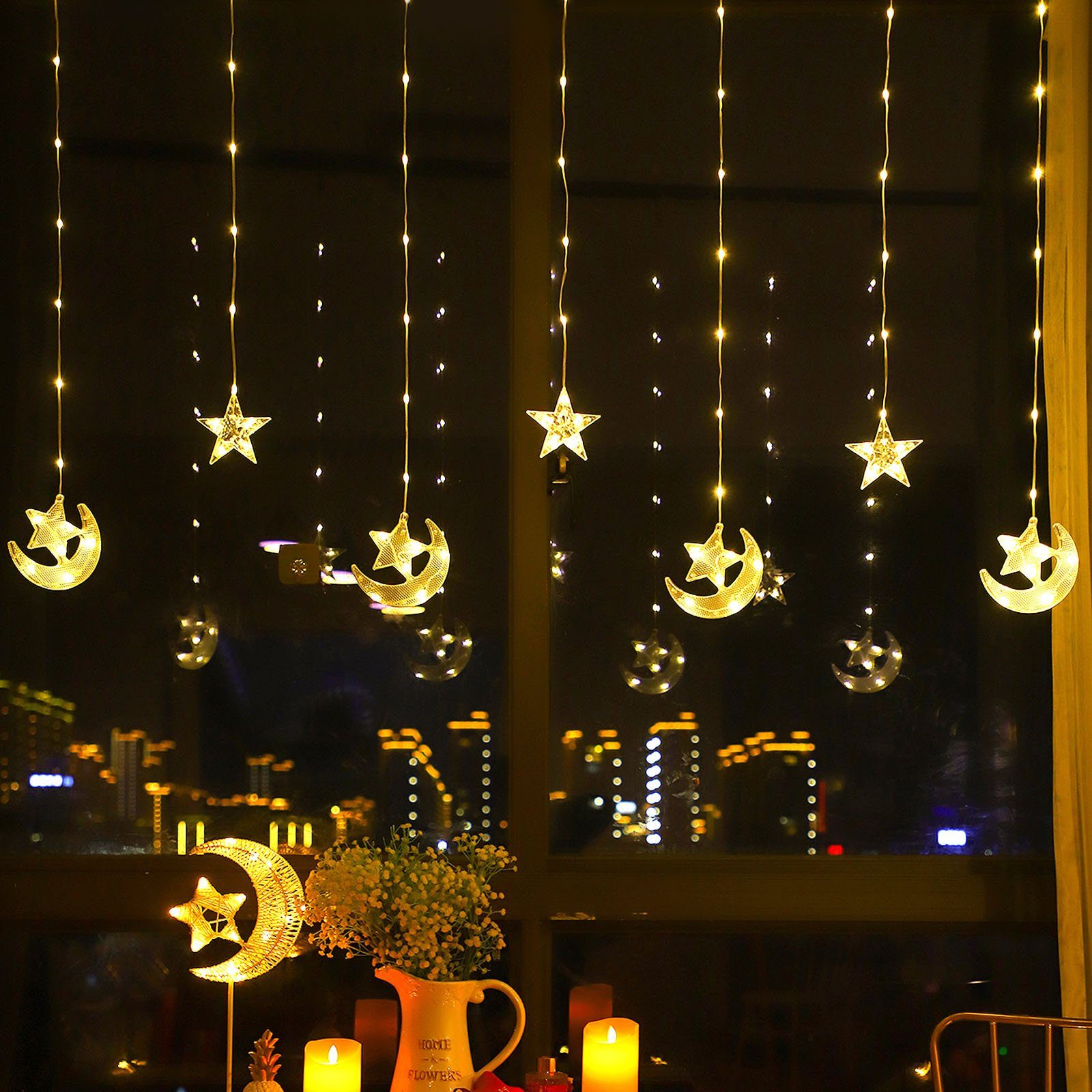 Rosnek LED-Lichtervorhang 2.3M, Mond mit Zelt Party Ramadan für Stern, Camping Warmweiß Schlafzimmer Weihnachten, batterie