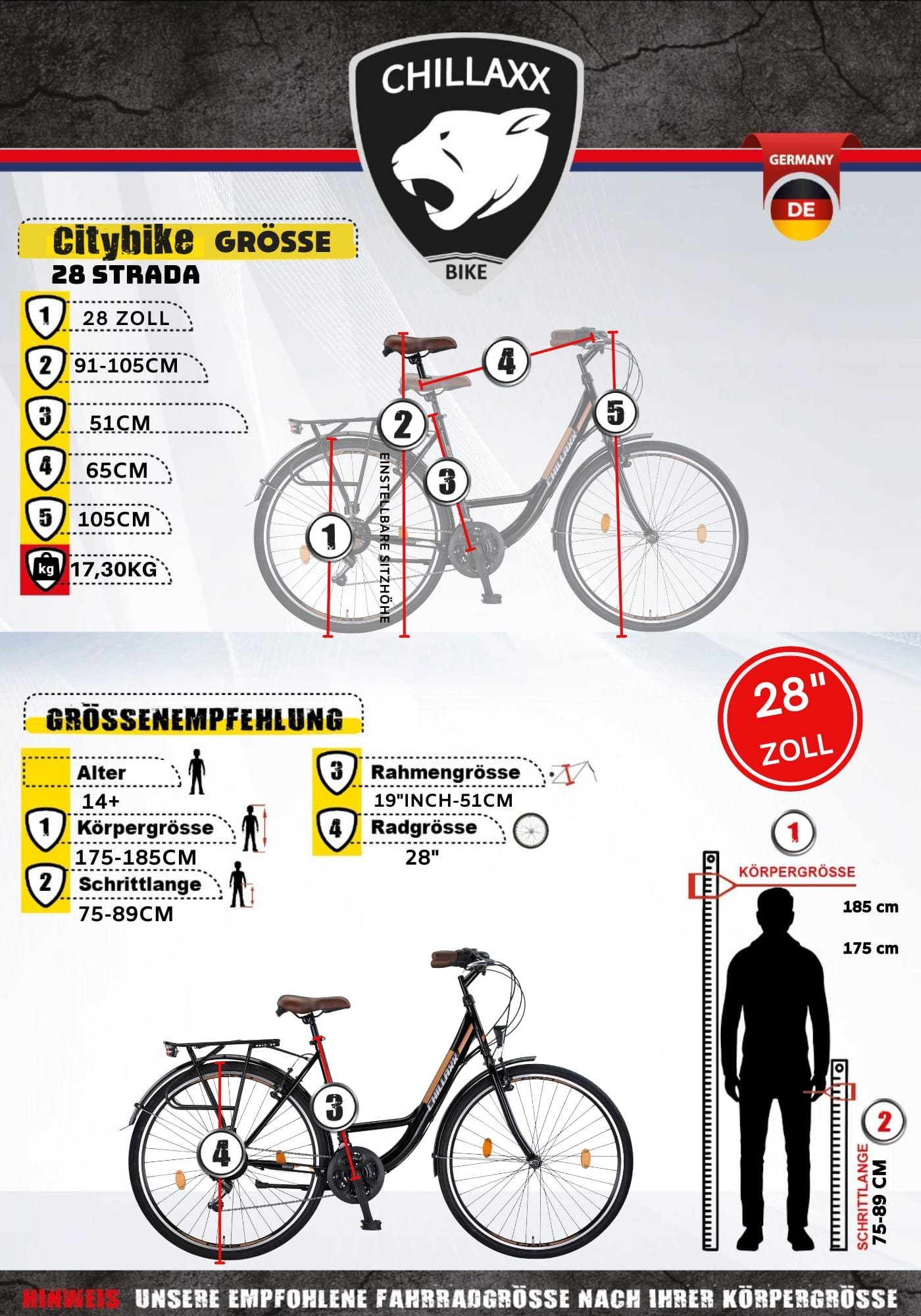 Chillaxx Cityrad Chillaxx Bike 26, City V-Bremse in Zoll Bike 24, Premium Schwarz-Braun Strada 28