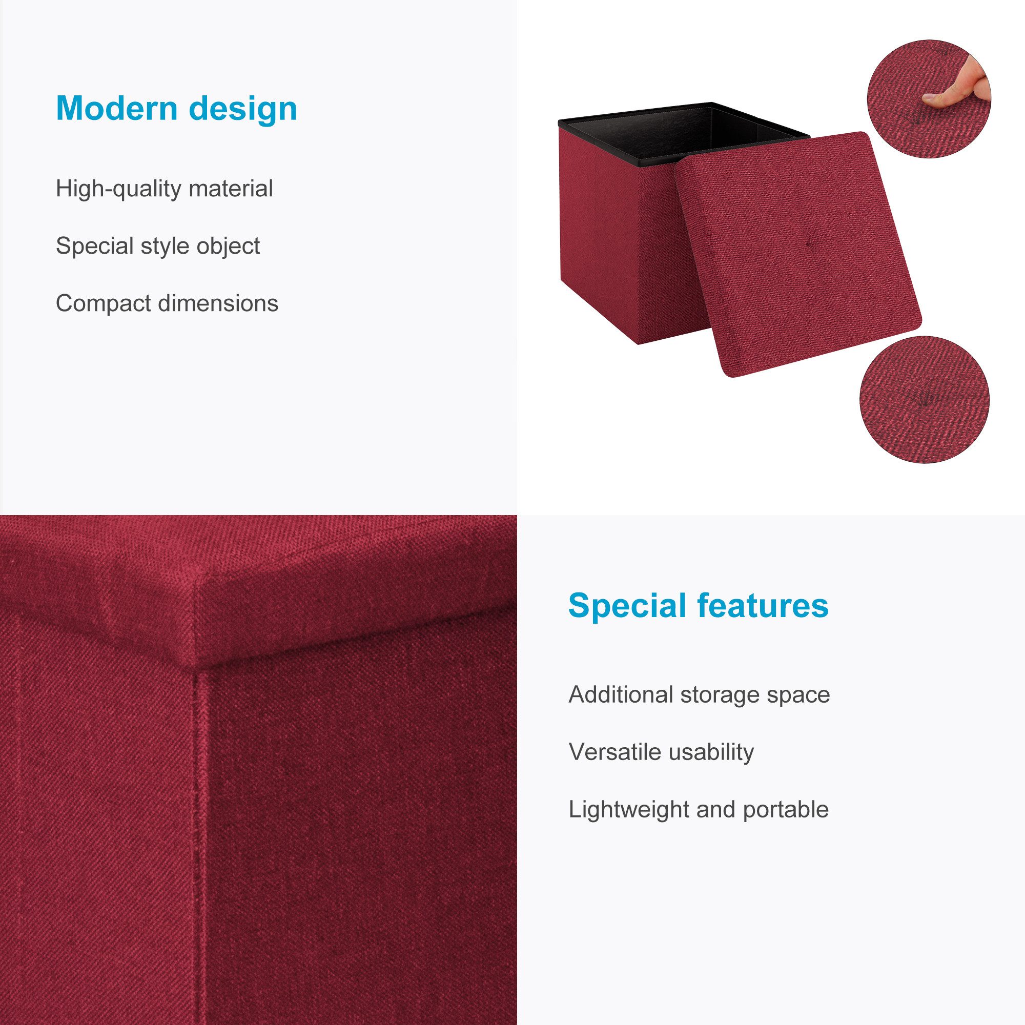 Intirilife Sitzhocker (Sitzwürfel mit Stauraum 30x30x30 cm in GRANAT ROT - Fußablage, 1 St), Faltbare Sitzhocker - aus Stoff mit Mulden - Aufbewahrungsbox Truhe – Bild 3 von 5