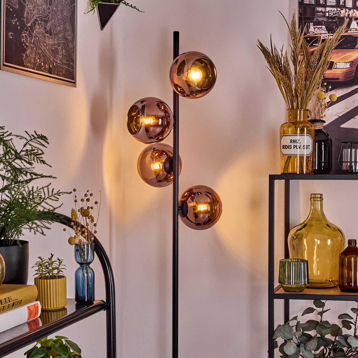 hofstein Stehlampe Stehlampe aus Metall/Glas in Schwarz/Kupfer, Retro/Vintage-Design, ohne Leuchtmittel, moderne Stehleuchte, Ø Schirme 15 cm, Fußschalter, 160 cm, E14