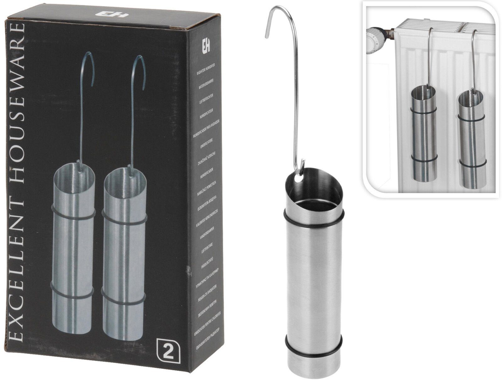 Koopman Luftbefeuchter Verdunster Edelstahl Heizkörper 4 er Set, Haken zum Einhängen, 150 ml, Gummiring, einfache Montage, Edelstahl