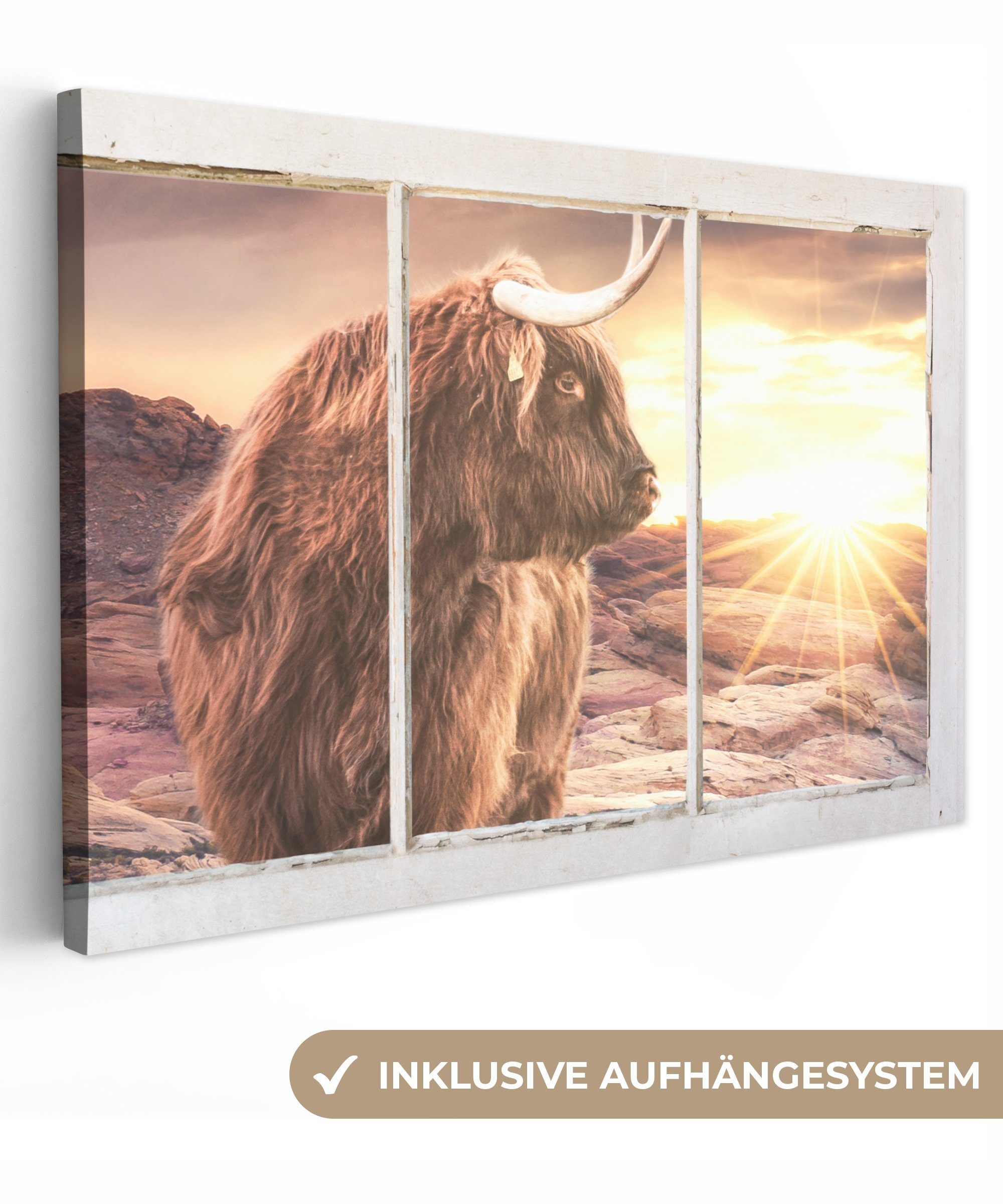 OneMillionCanvasses® Leinwandbild Schottischer Highlander - Aussicht - Sonnenuntergang, (1 St), Wandbild Leinwandbilder, Aufhängefertig, Wanddeko, 30x20 cm