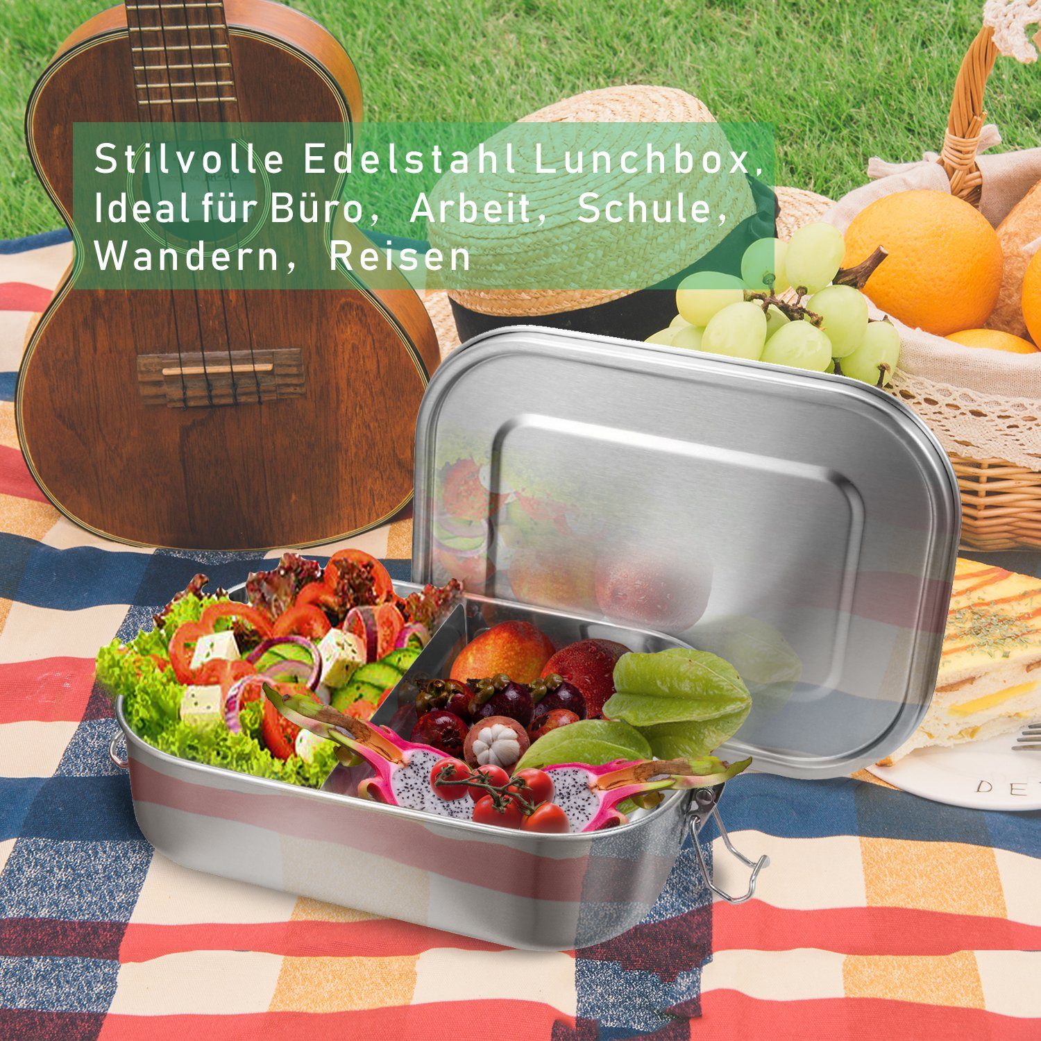 TolleTour Silber 1400ml Büro Picknick Edelstahl Brotdose Lunchbox - Nachhaltige für Lunchbox Schule