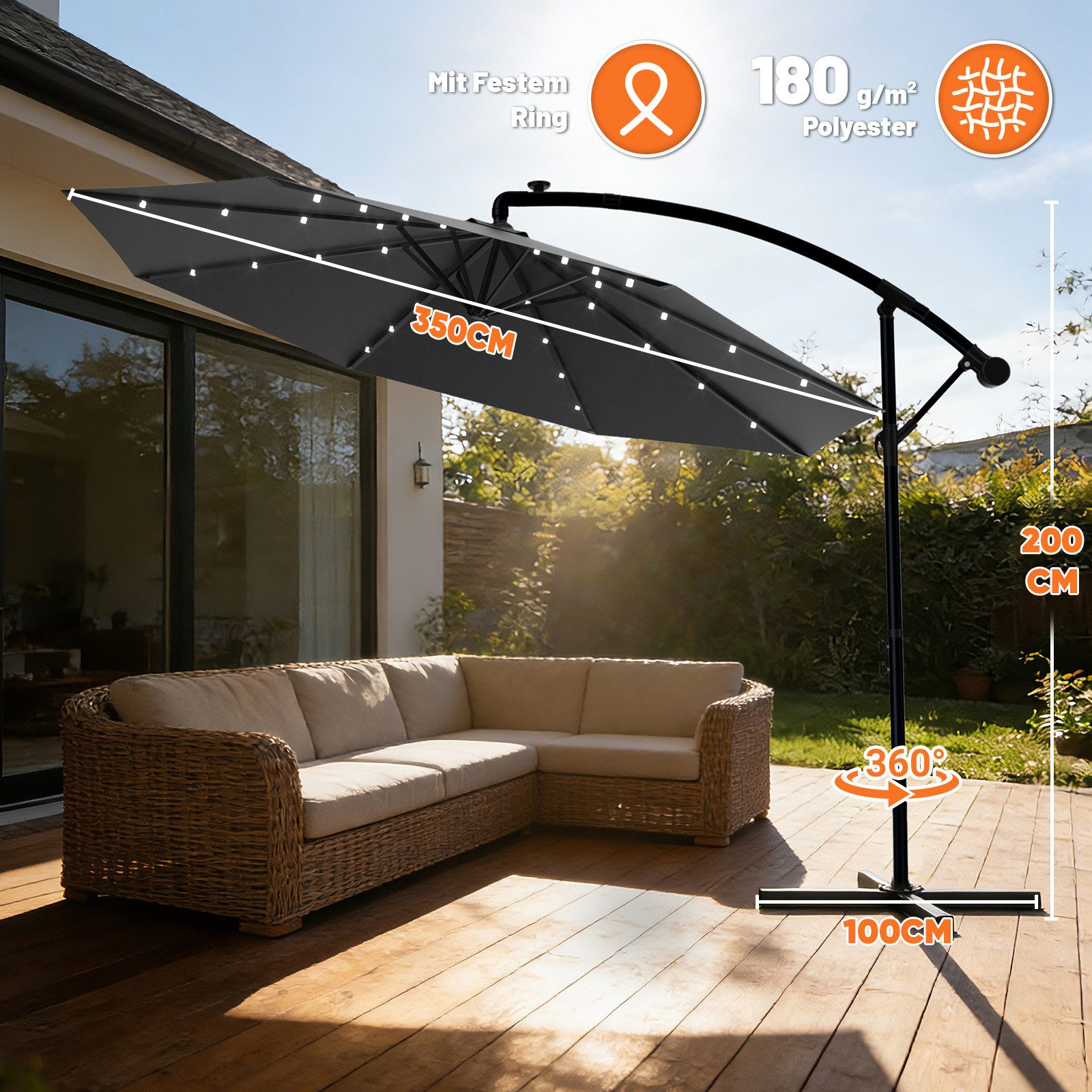 Huracan Sonnenschirm LED Solar Ø 250/300/350cm Ampelschirm mit Kurbel, Ständer, Gartenschirm Balkonschirm UV-Schutz Aluminium wasserdicht 360°neigbar
