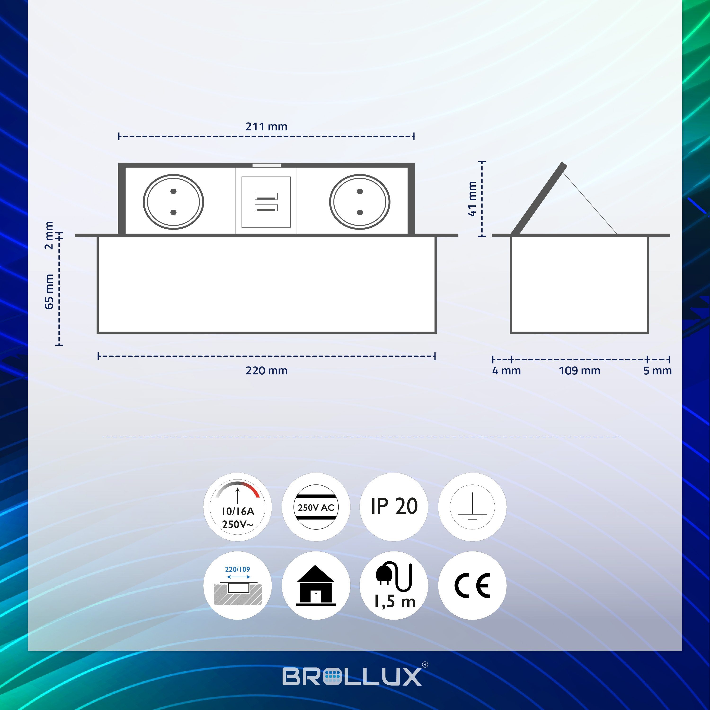 BROLLUX Einbausteckdose versenkbar Netzteil, m), Einbau-Tischsteckdosenleiste 4-fach Alu 1,5m USB (inkl. mit Anschlusskabel Steckdose Schutzkontaktstecker, Softöffnung Sprizguss mit 1.5 Kabellänge