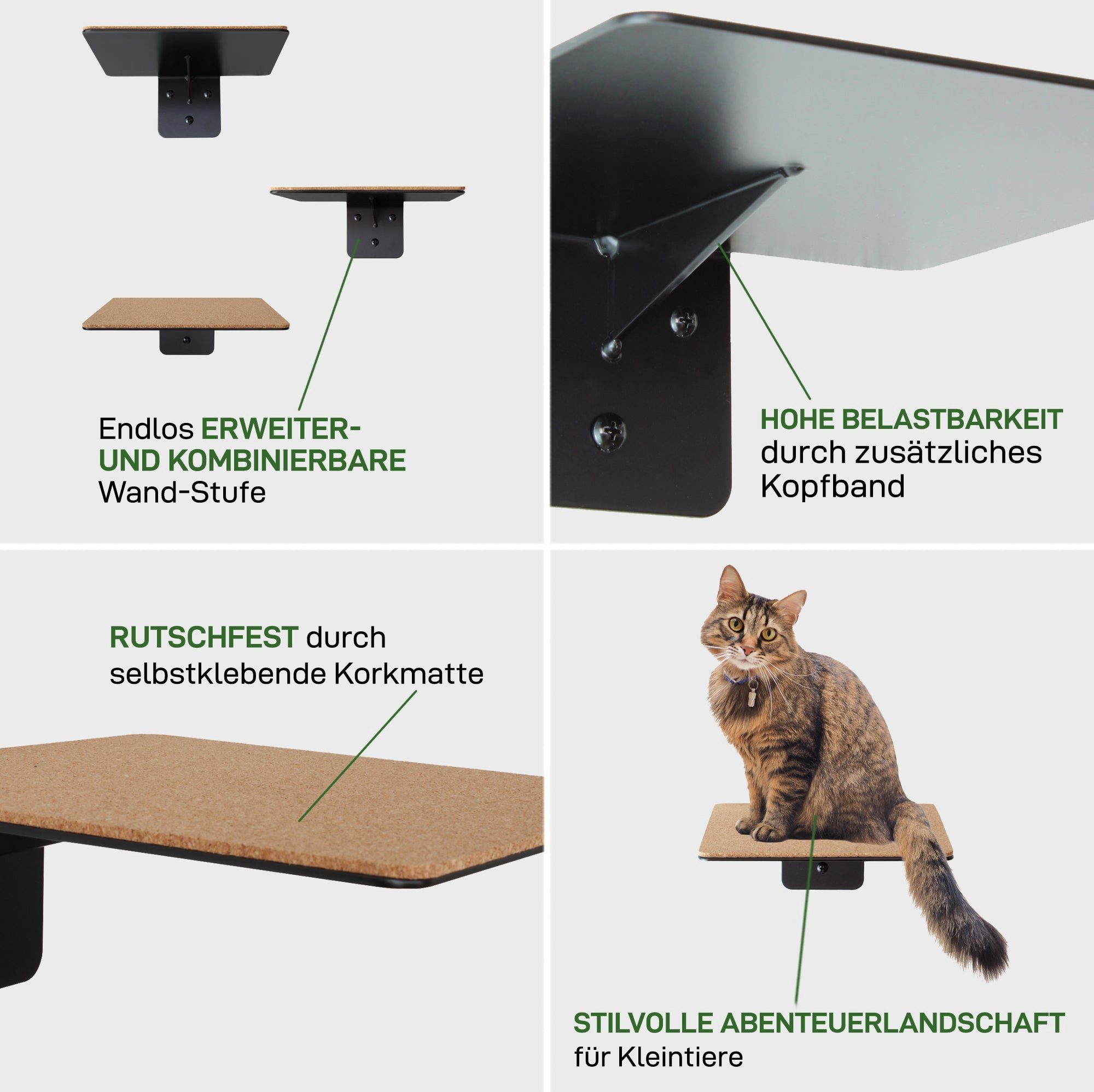 Natural Goods Berlin Katzen-Kletterwand Wall STAIR, Wandhalterung, Wandstufe, Regal, Hängeleiter, 20 x 20cm, mit Kork