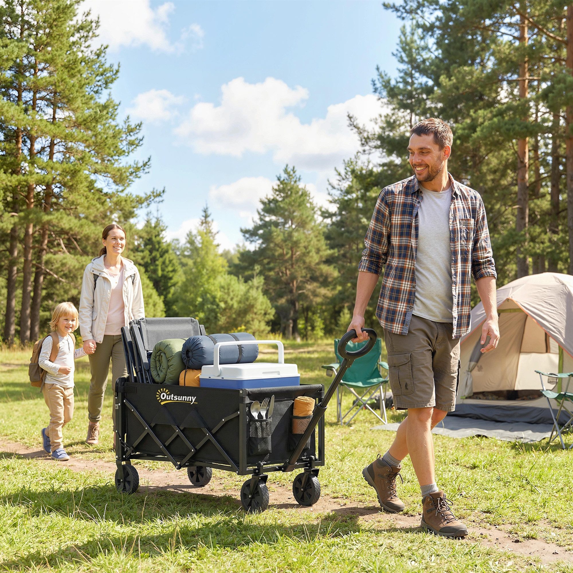 Outsunny Fahrradlastenanhänger Bollerwagen 60L Faltbarer Handwagen mit Teleskop Griff Heckklappe, für Sport, Einkauf, Camping, Schwarz